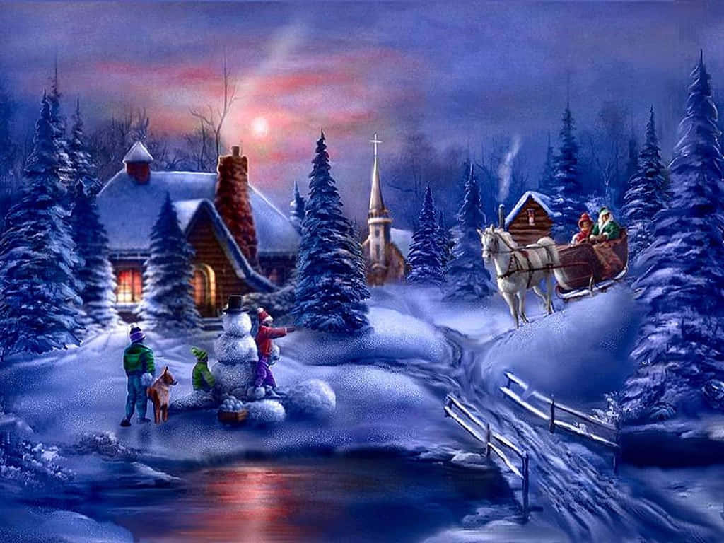 snowman, cozy cabin, horse-drawn sleigh, SD Desktop Wallpaper