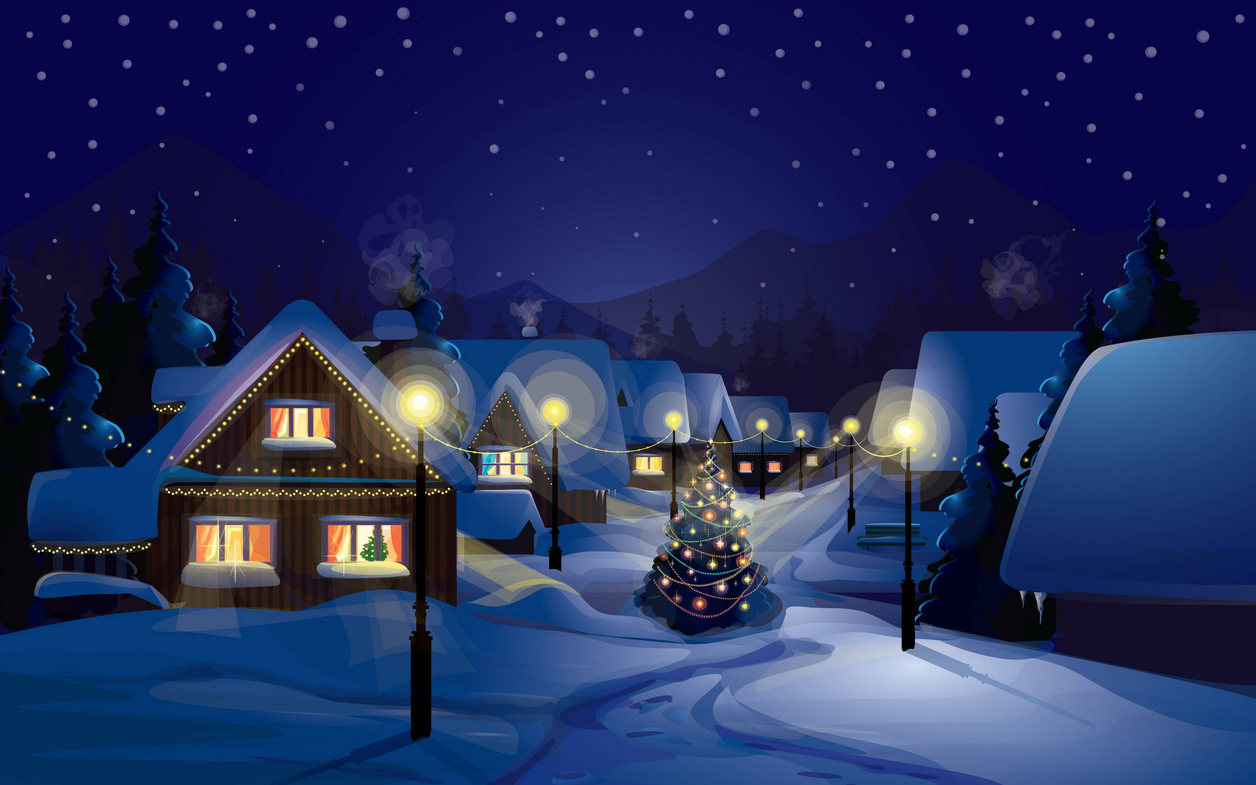 Snowy Village, Christmas Holiday, glowing windows, 2K Desktop Wallpaper