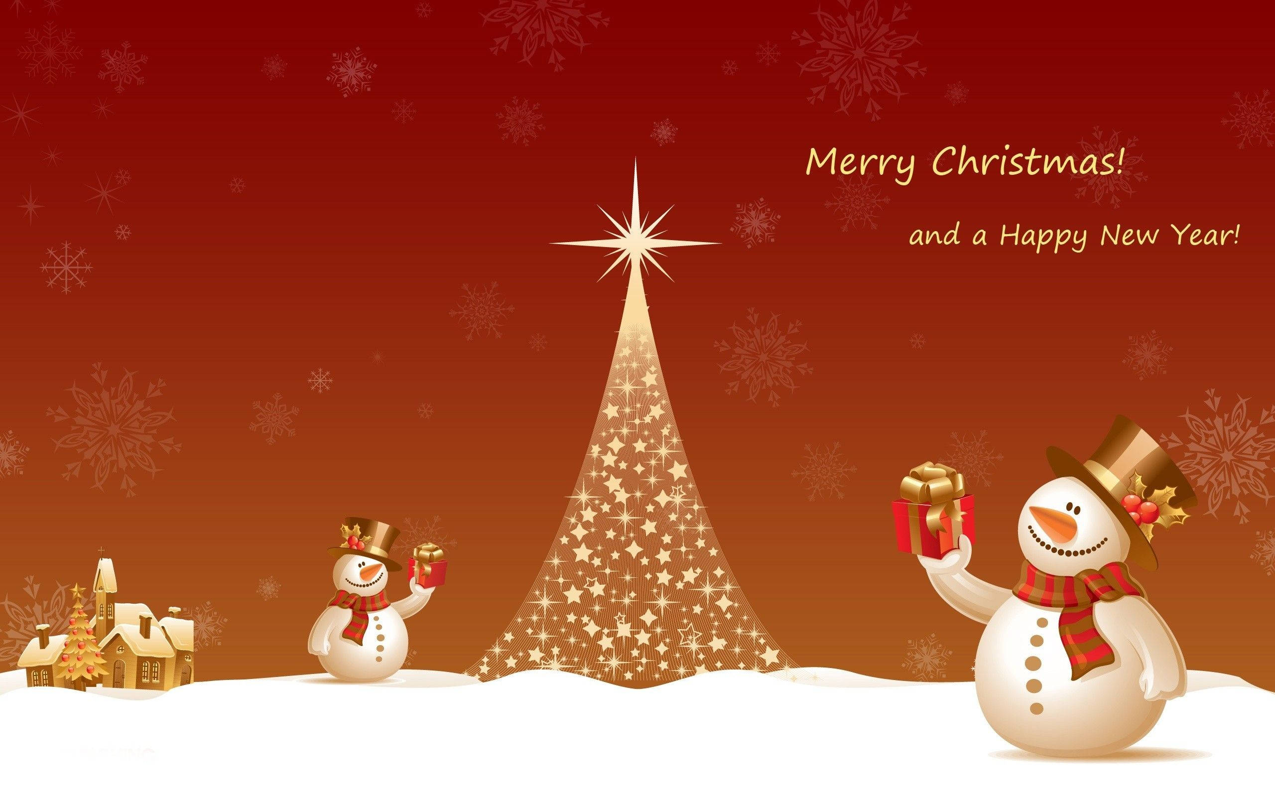 Sparkling Tree Christmas Desktop, snowmen, glowing golden Christmas tree, 2K Desktop Wallpaper
