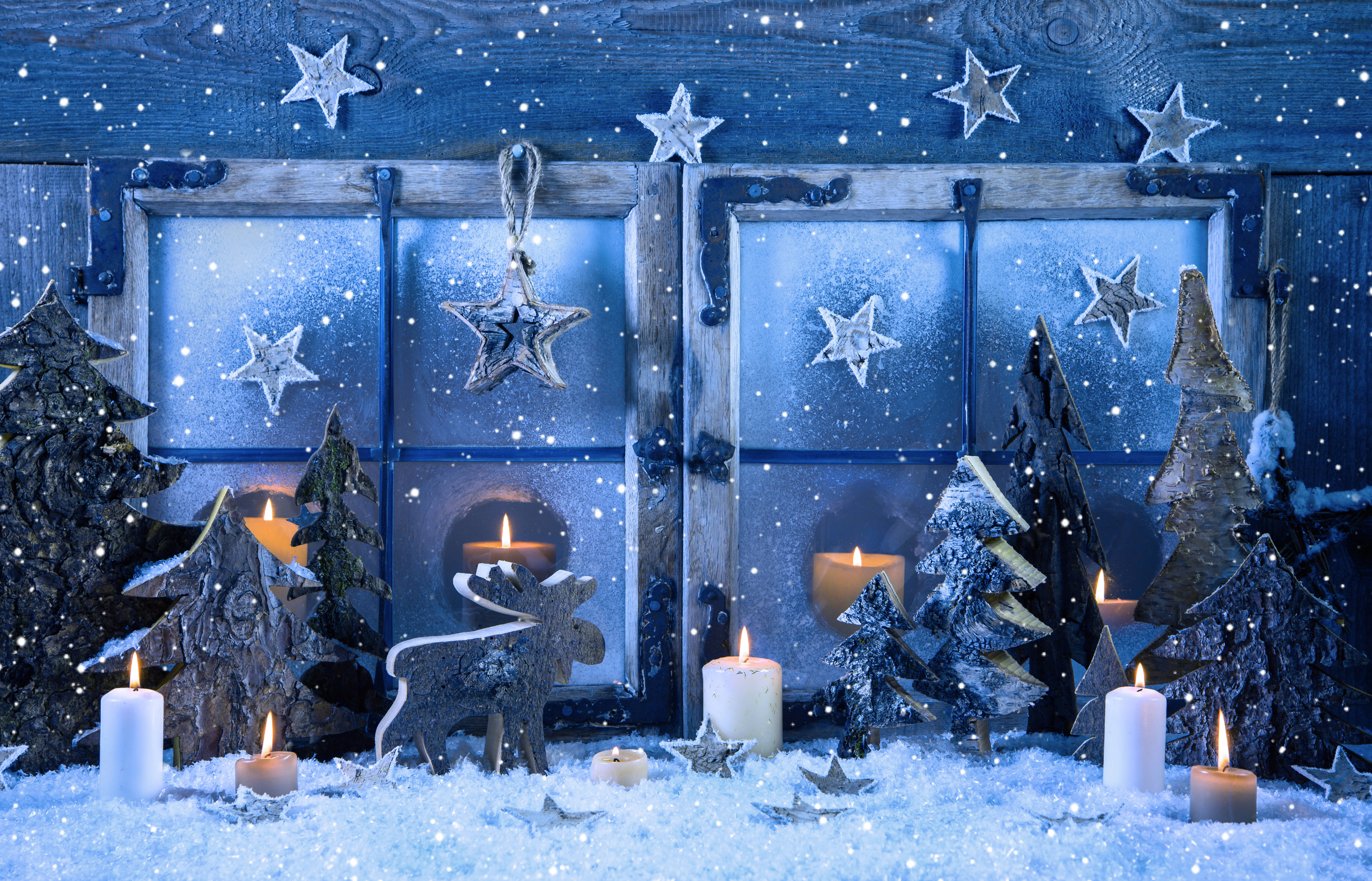 blue sparkly decor, Christmas holiday desktop, cozy winter window scene, 5K Desktop Wallpaper