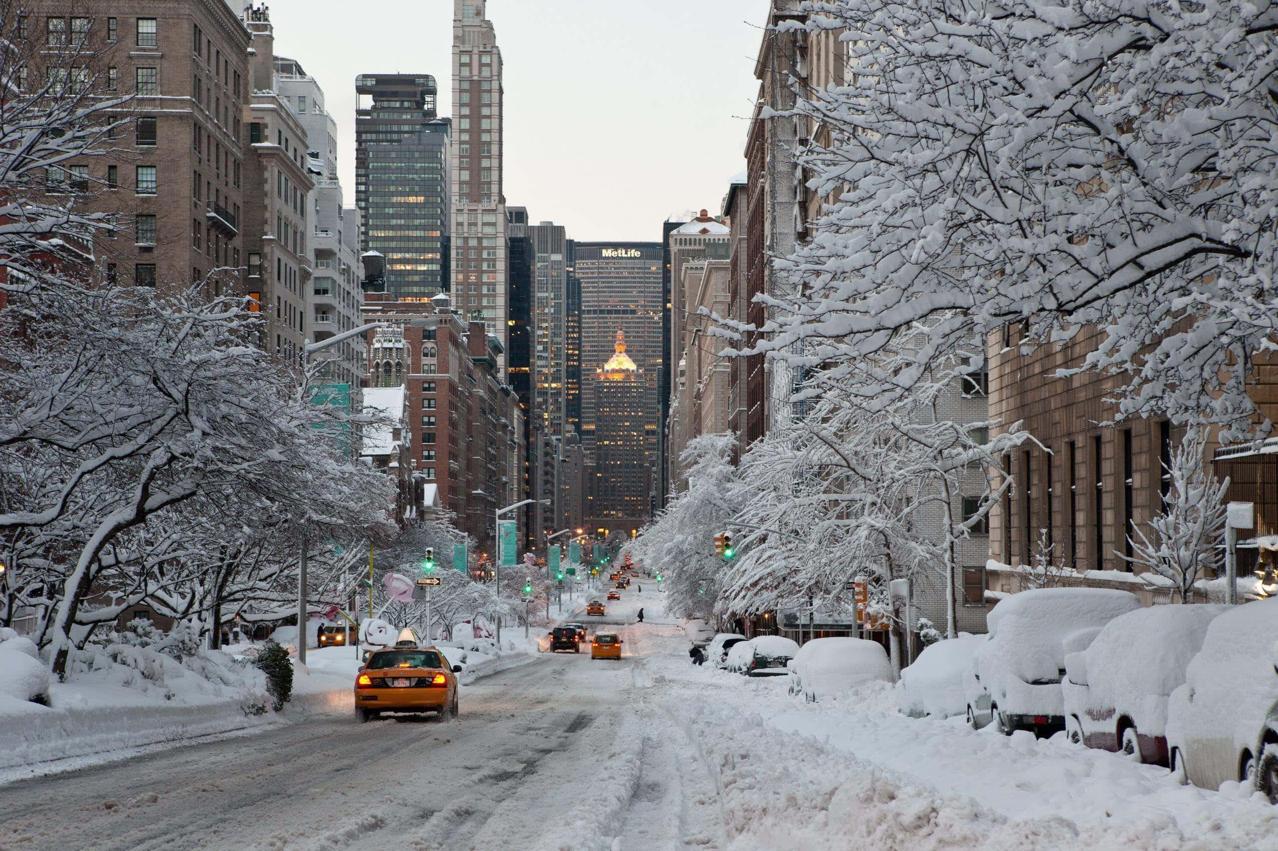 Winter Cityscape, snow, city street, 2K Desktop Wallpaper