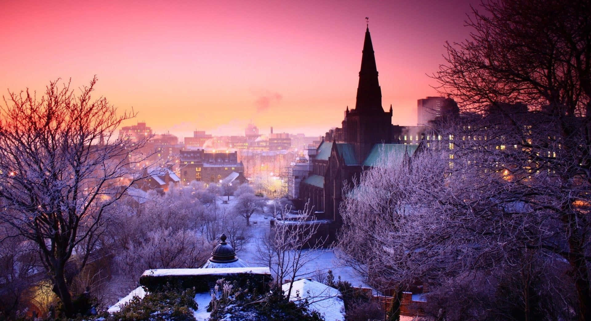 Winter Cityscape, gothic church spire, frost-covered trees, Full HD Desktop Wallpaper