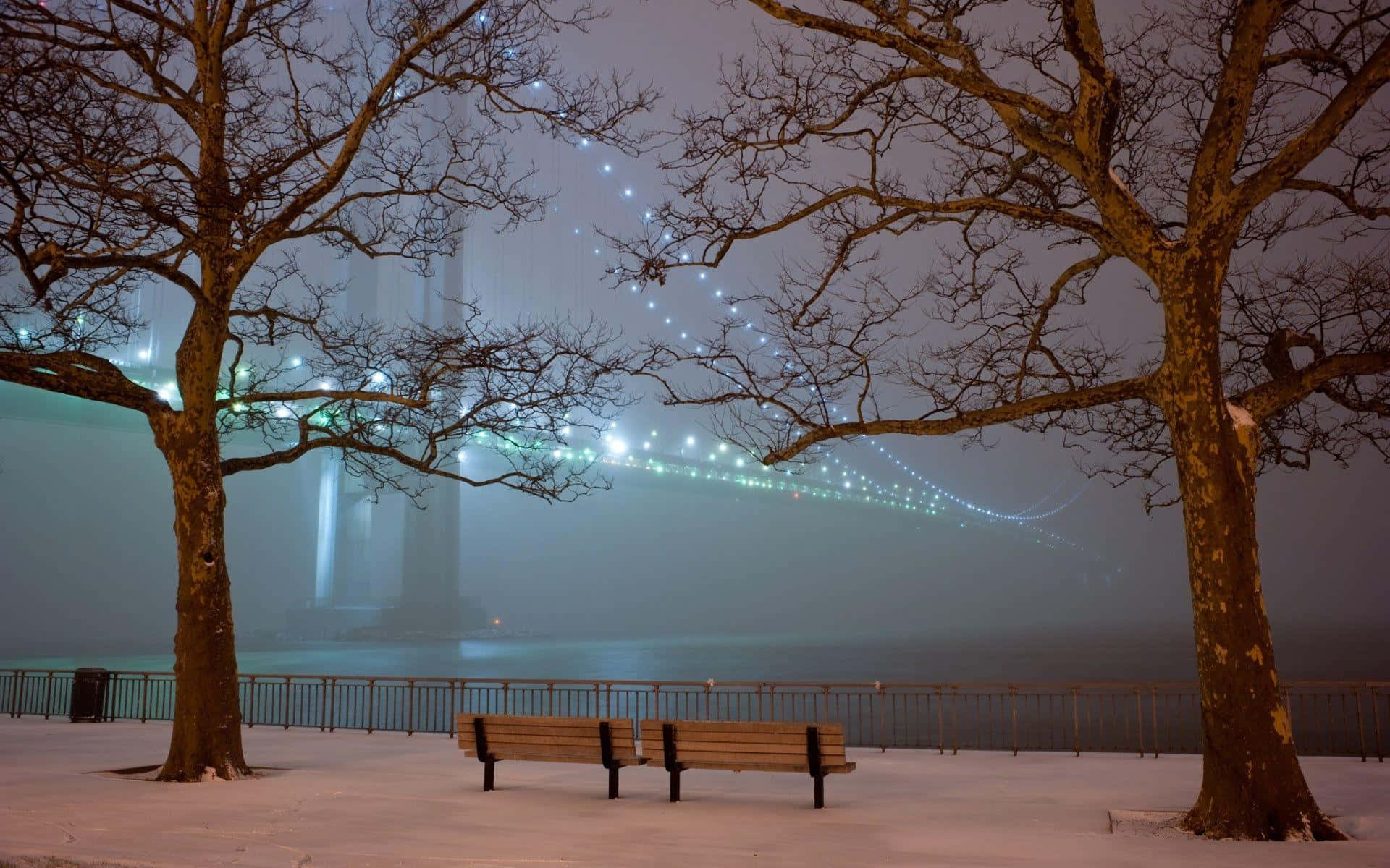 Winter Cityscape, snow-covered park bench, bare trees, Full HD Desktop Wallpaper