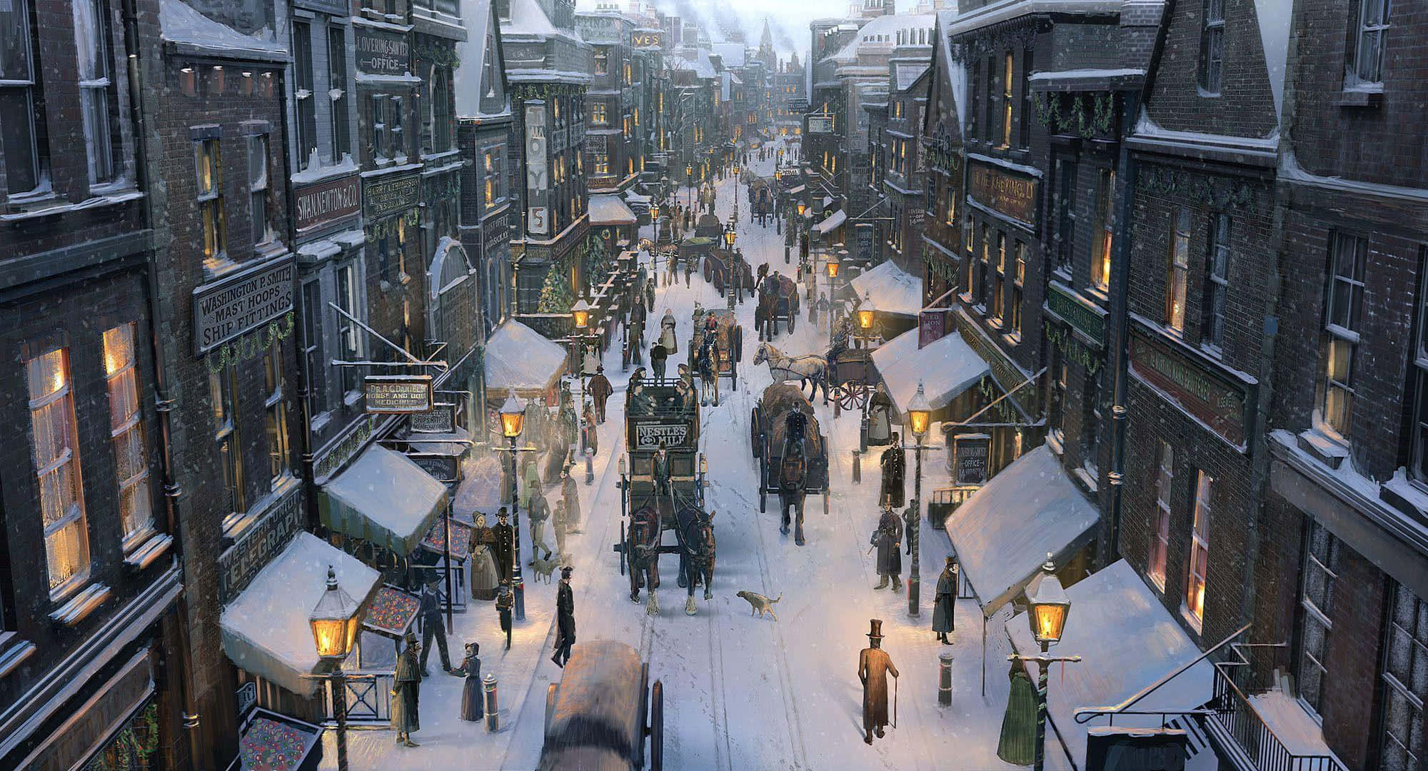 Victorian street, dusk, glowing lanterns, Full HD Desktop Wallpaper