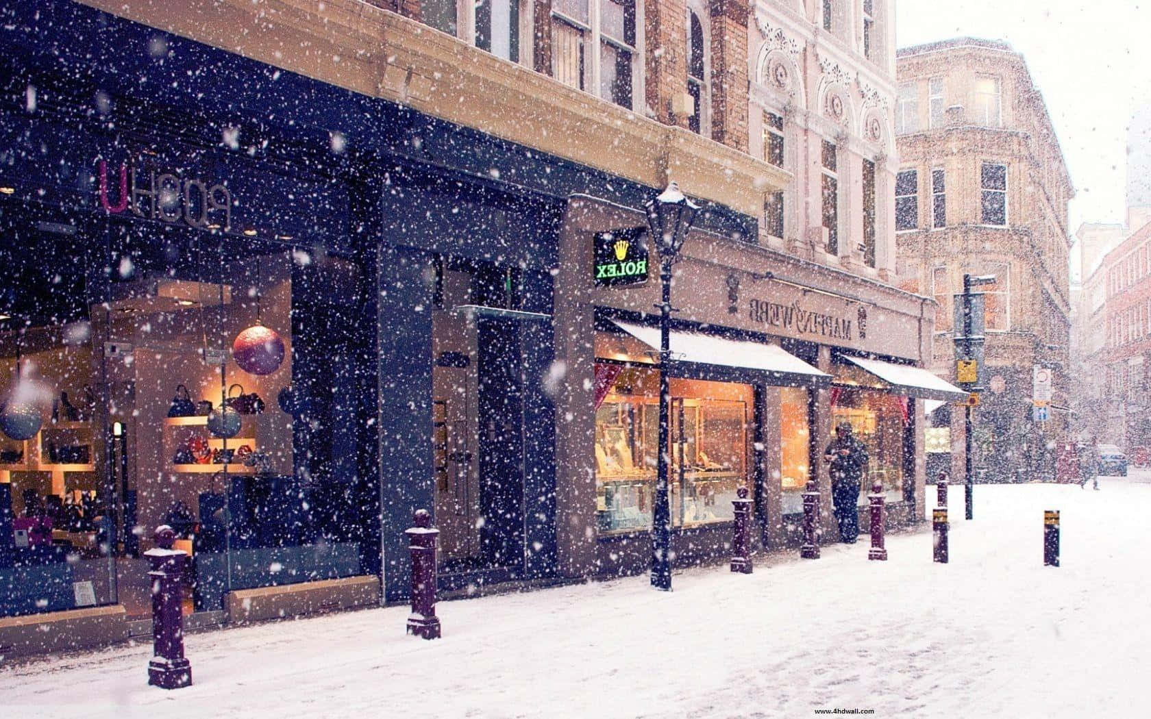 Winter Cityscape, snowflakes, quiet city street, HD Desktop Wallpaper