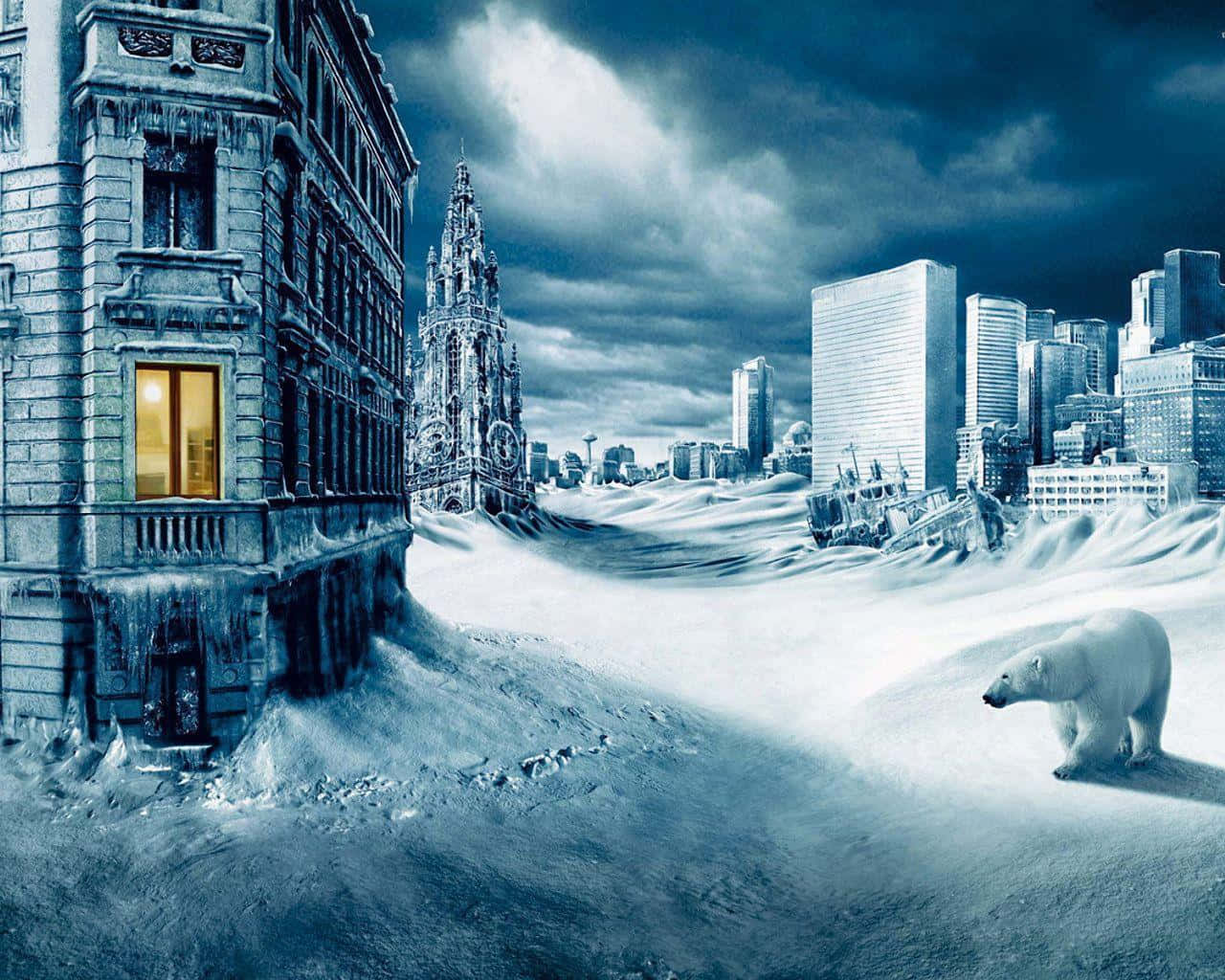 Winter Cityscape, polar bear, snow-covered cityscape, HD Desktop Wallpaper