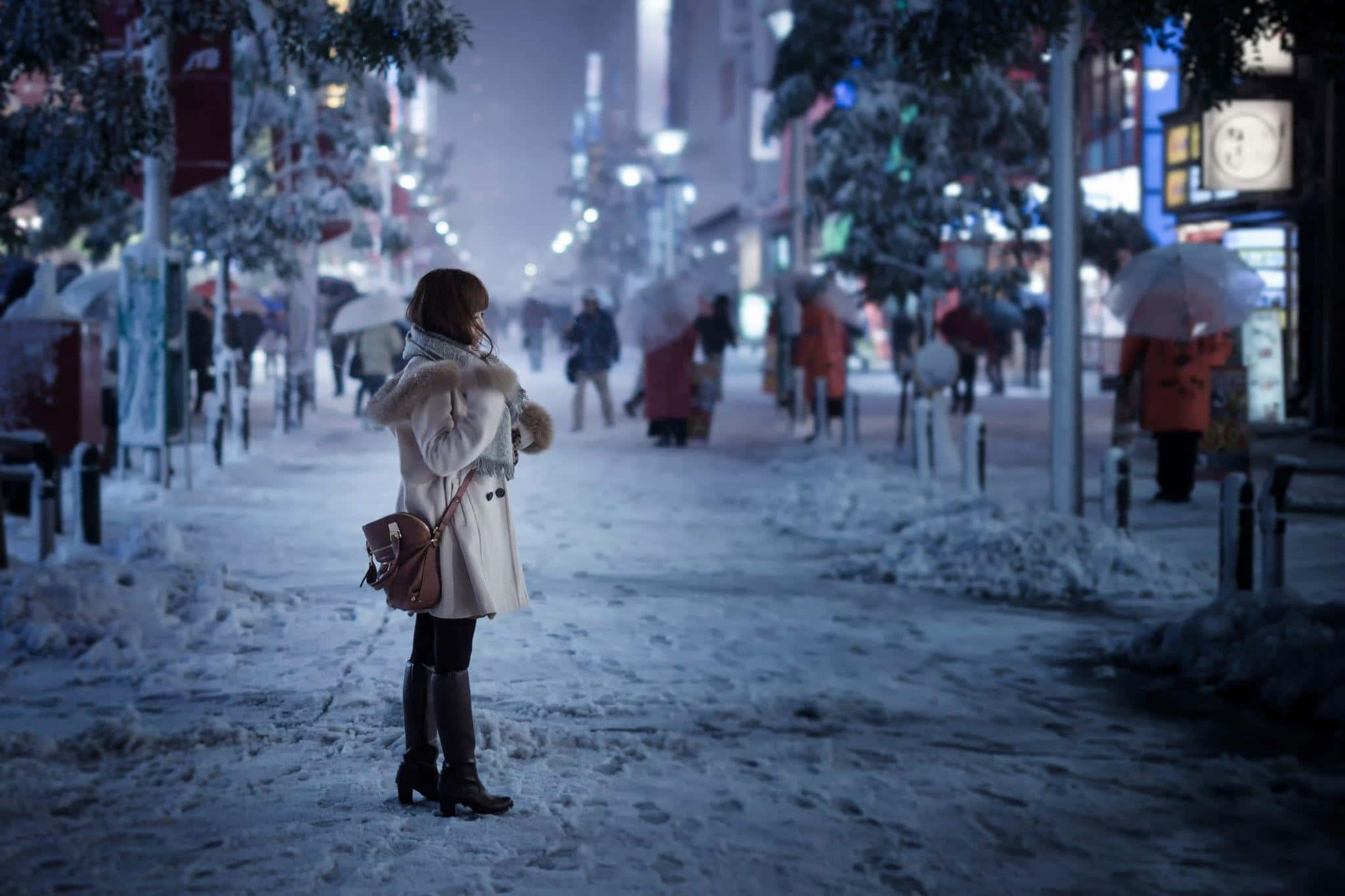 Winter Cityscape, dusk, night, Full HD Desktop Wallpaper