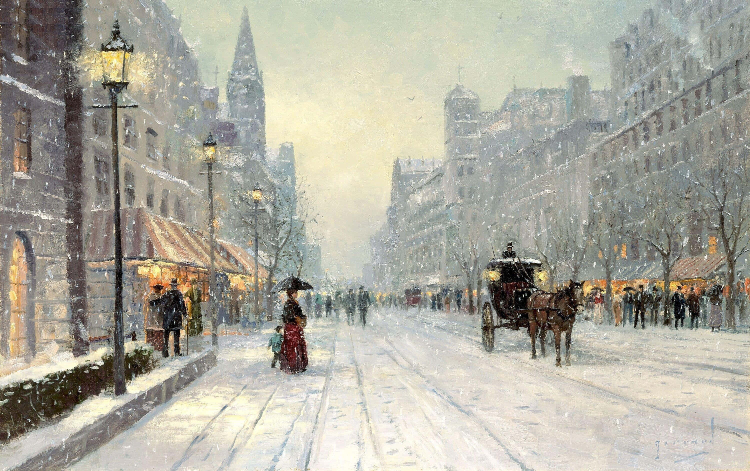 Winter Cityscape, dusk, snow, 2K Desktop Wallpaper