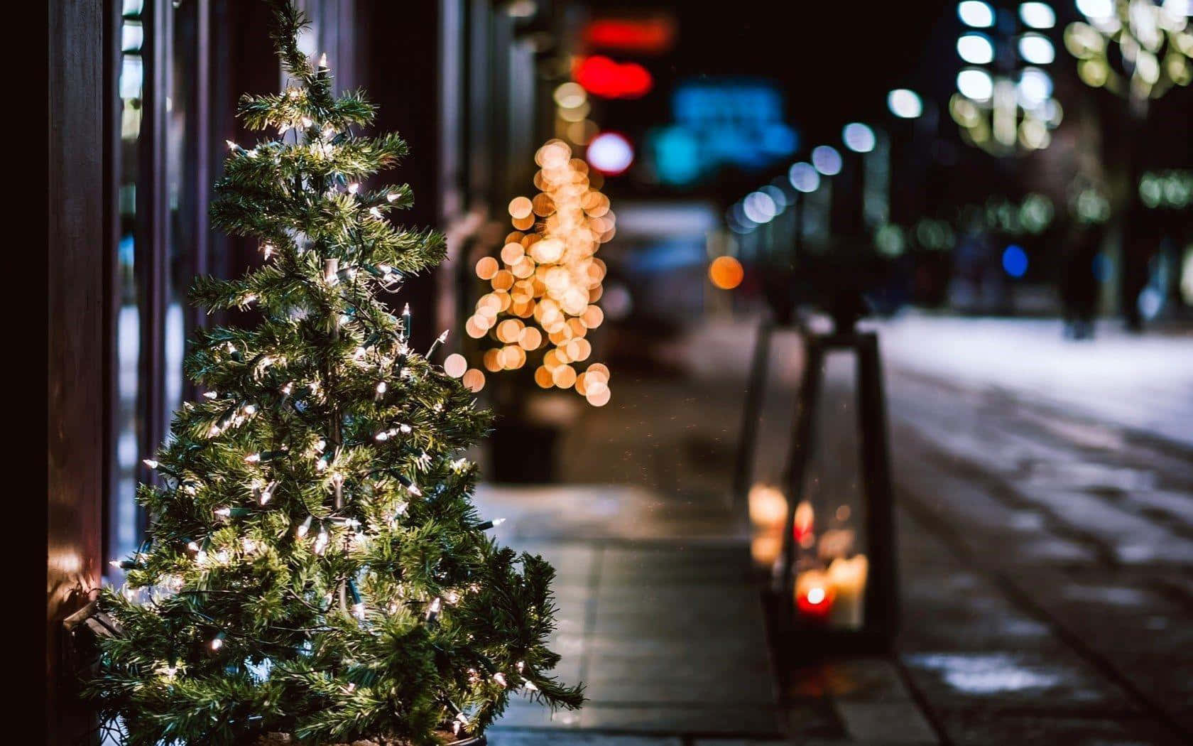 Winter Cityscape, snowy city sidewalk, night, HD Desktop Wallpaper