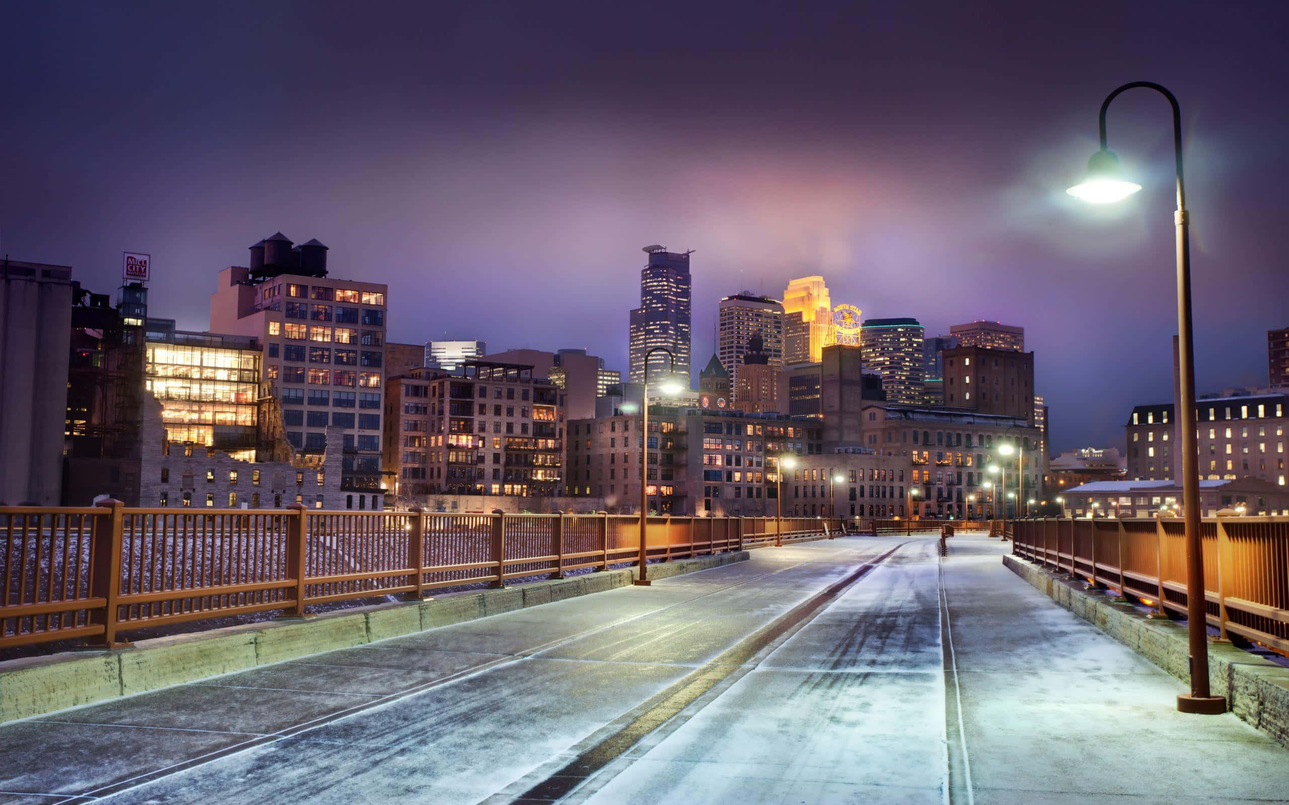 Winter Cityscape, twilight, purple sky, 2K Desktop Wallpaper