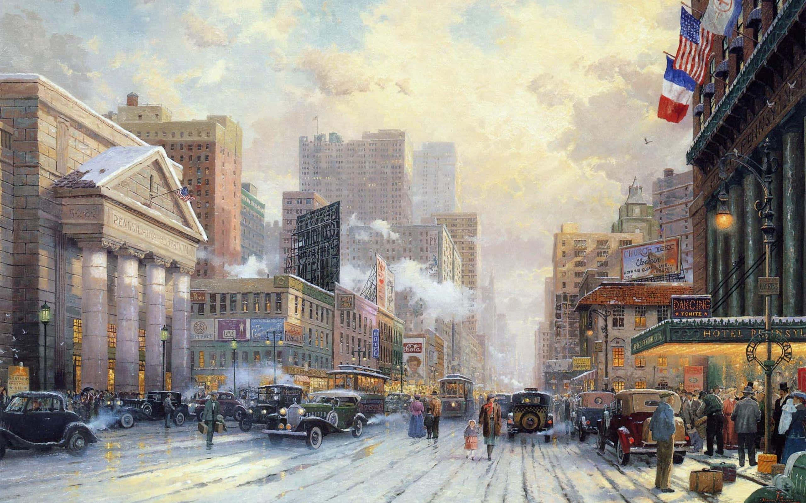 Winter Cityscape, snowy city street, vintage cars, 2K Desktop Wallpaper