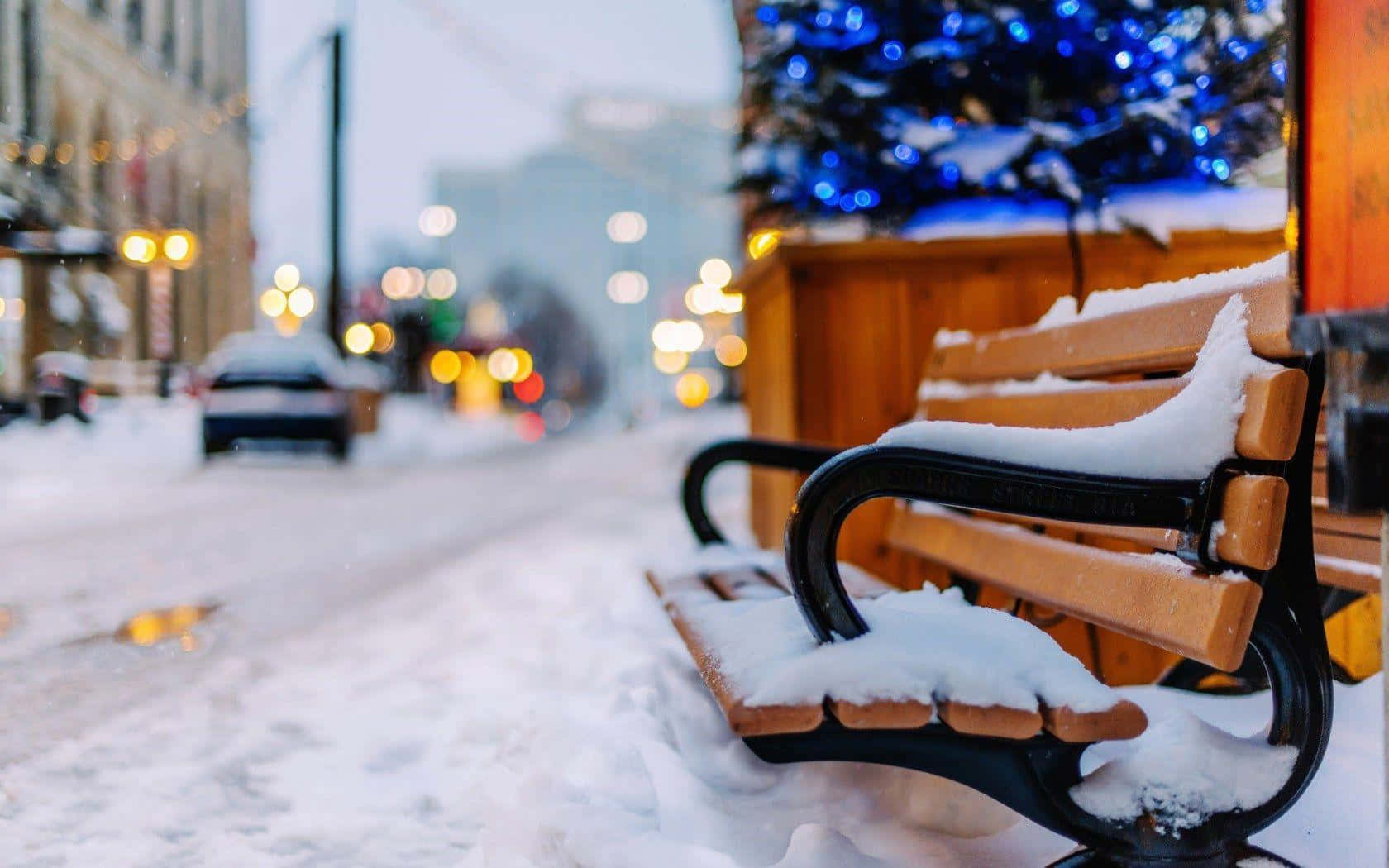 Winter Cityscape, snow-dusted wooden bench, wintry city street, HD Desktop Wallpaper