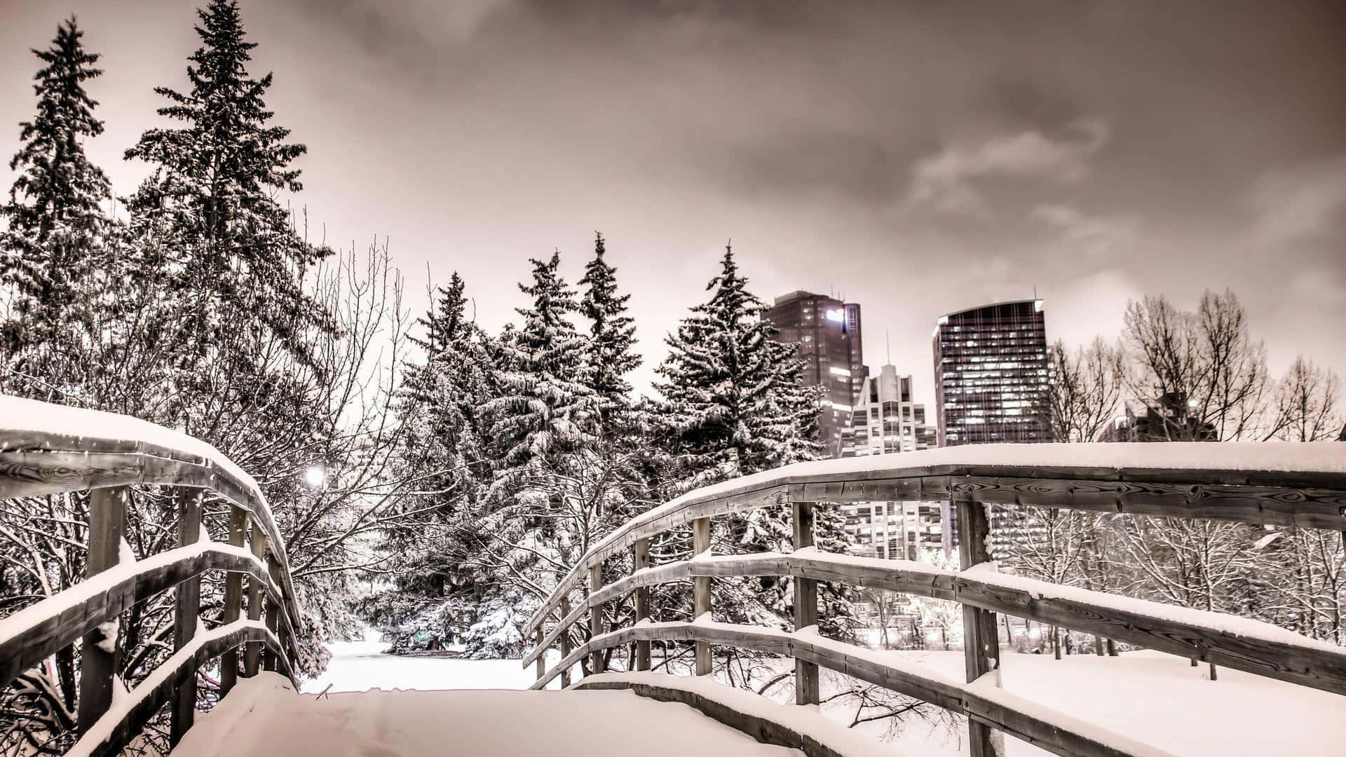 Winter Cityscape, snow-covered wooden bridge, winter forest, Full HD Desktop Wallpaper