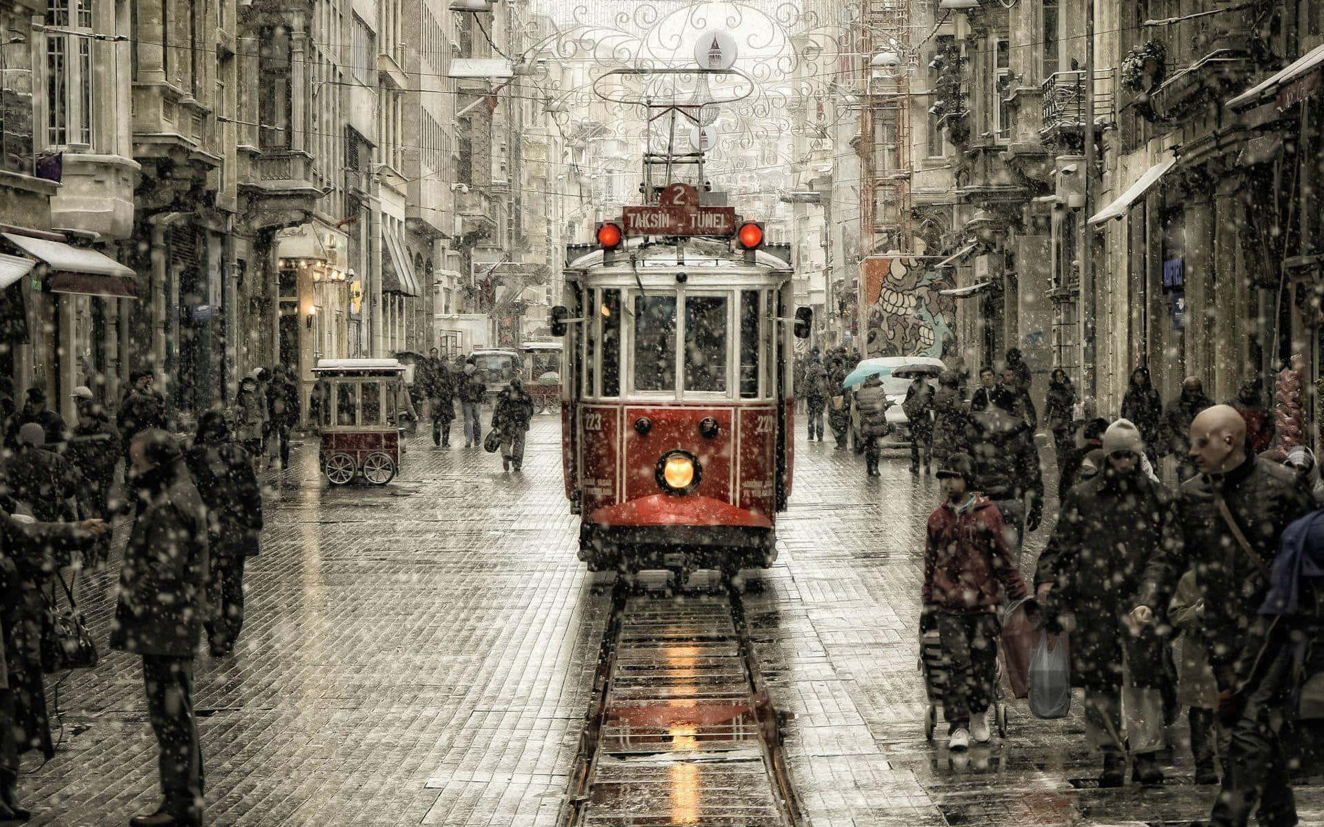 Winter Cityscape, red historic tram, snowy Istanbul street, Full HD Desktop Wallpaper