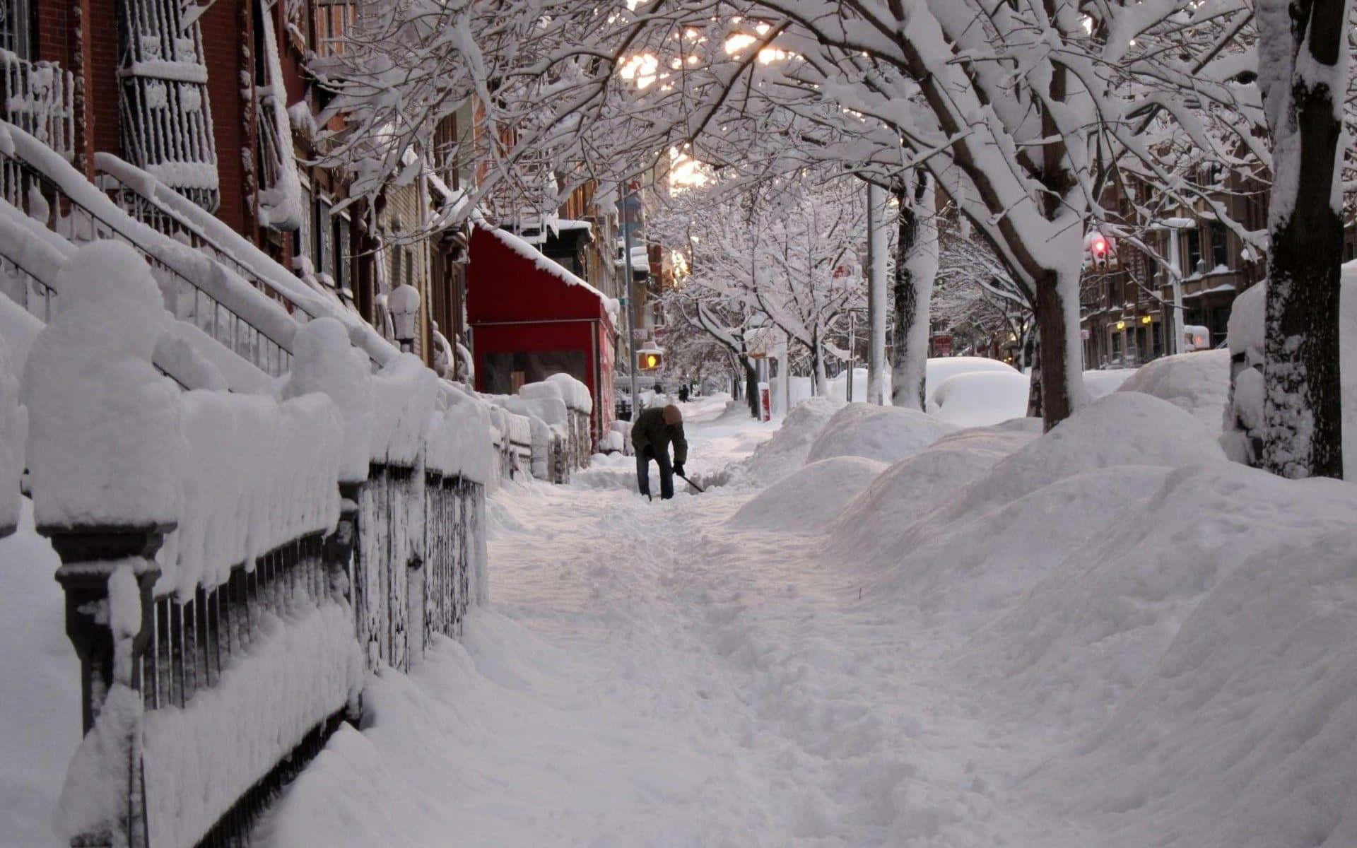 Winter Cityscape, narrow city street, snow-covered trees, Full HD Desktop Wallpaper