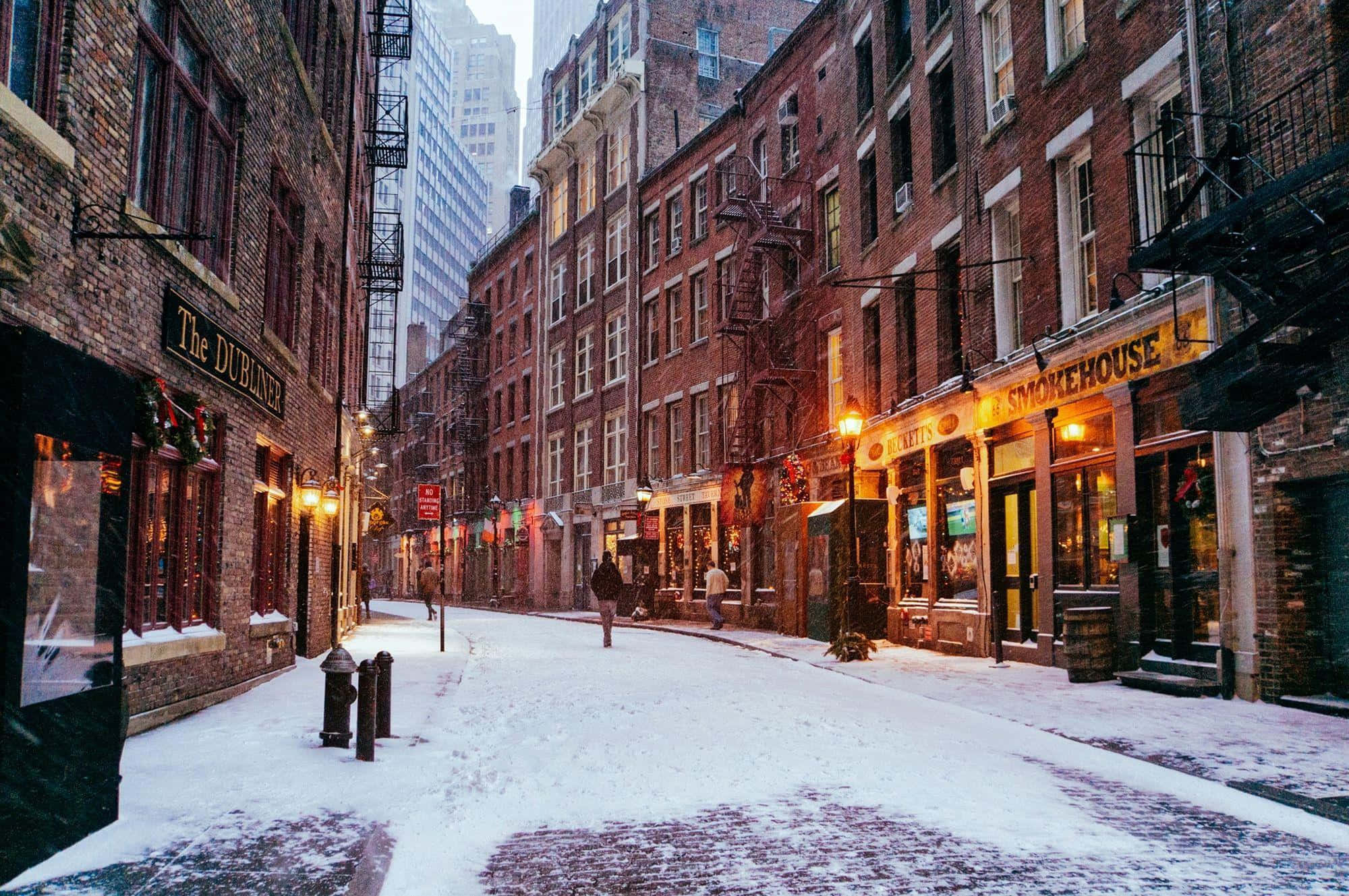 winter wonderland, narrow brick alleyway, historic buildings, Full HD Desktop Wallpaper