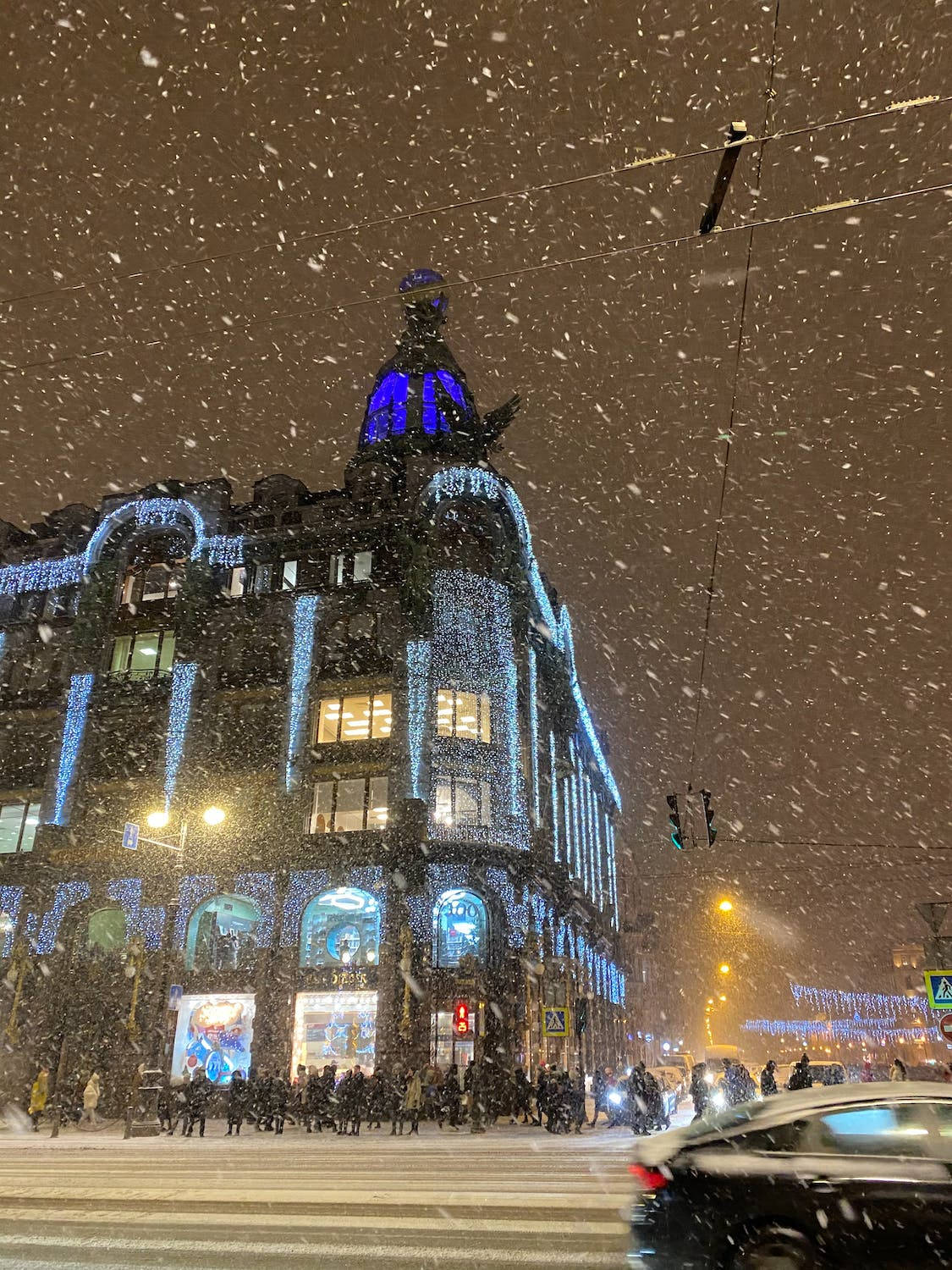 Snow Night City, glowing blue lights, grand building, HD Phone Wallpaper