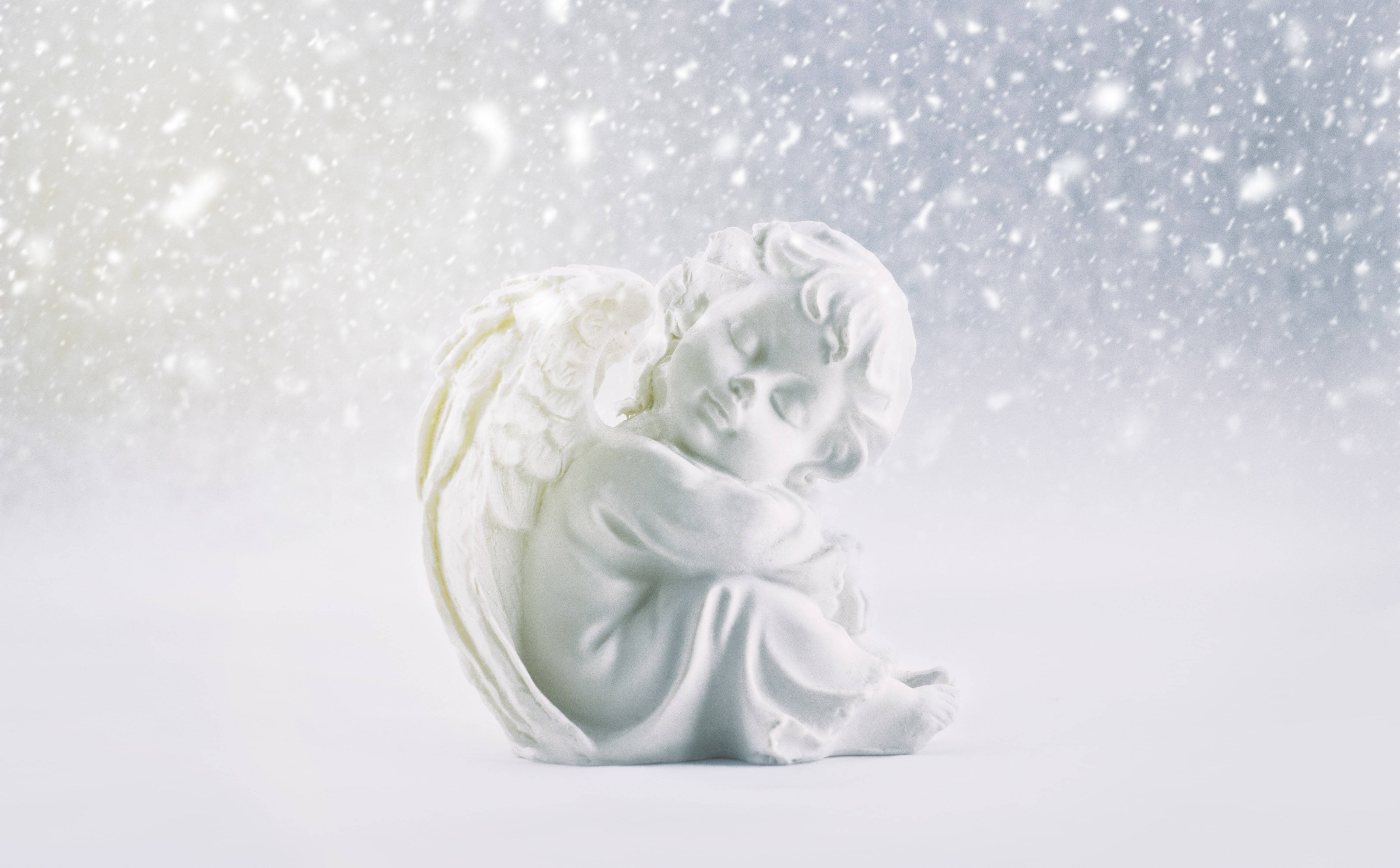 cozy winter magic, snowy day, white marble angel statue, 5K Desktop Wallpaper