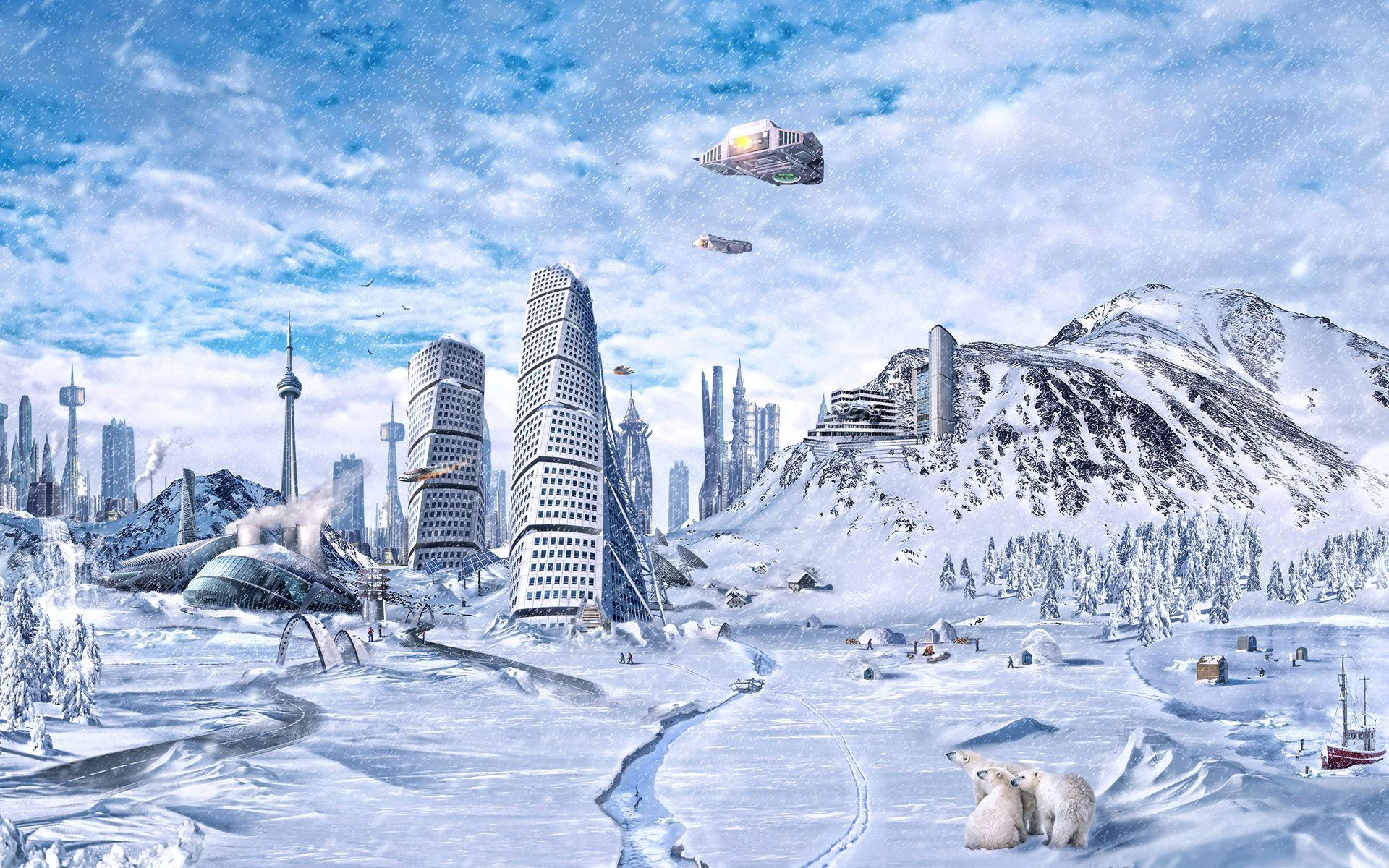 science fiction snow city, futuristic cityscape, flying ships, Full HD Desktop Wallpaper