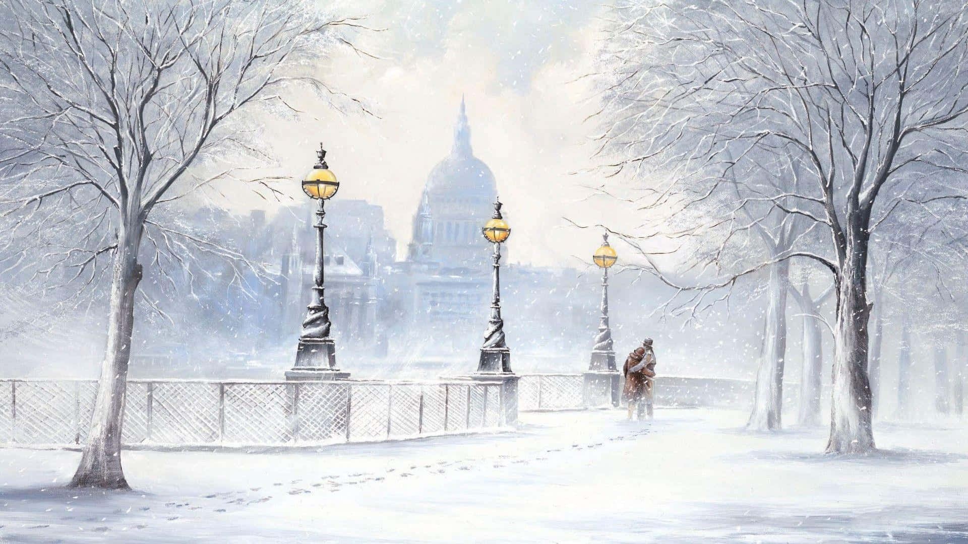 Winter Cityscape, snowy park, bare trees, Full HD Desktop Wallpaper