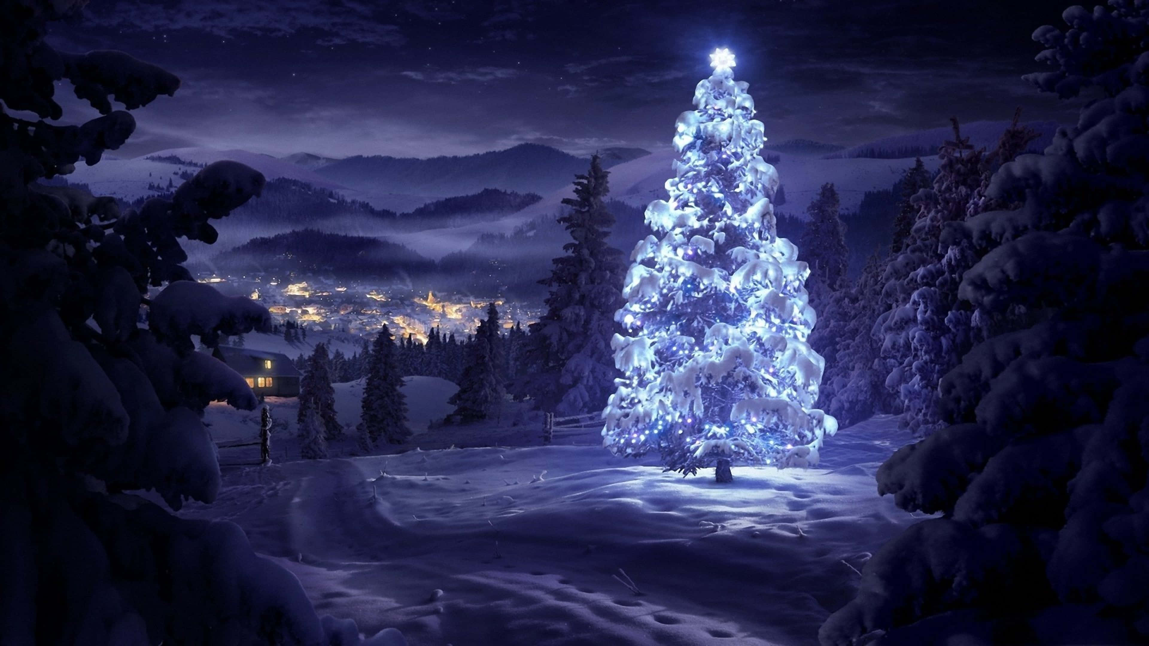Christmas tree, glowing blue-lit, snowy mountain valley, 4K Desktop Wallpaper