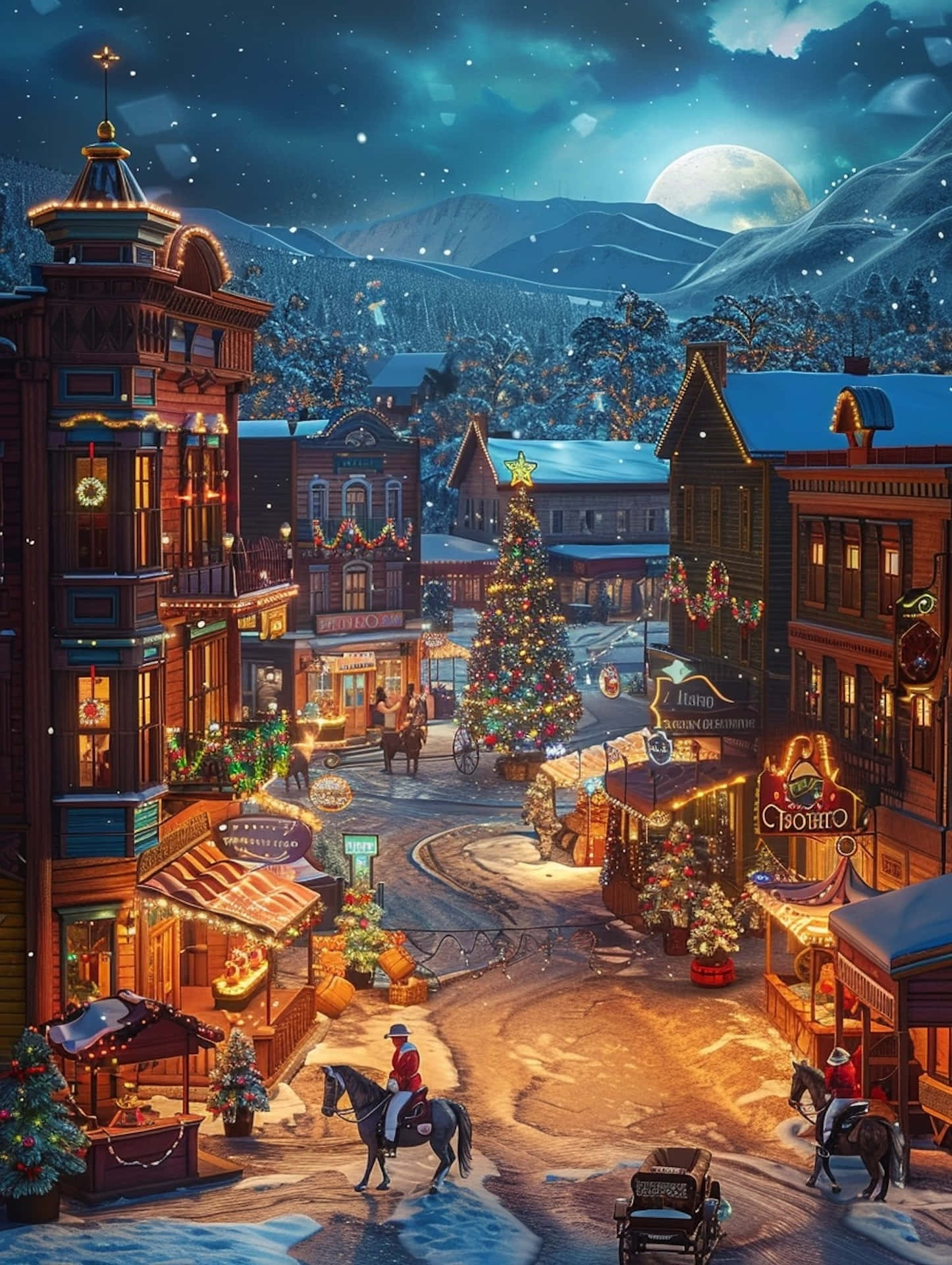 Christmas Eve, snowy town square, glowing lights, Full HD Phone Wallpaper
