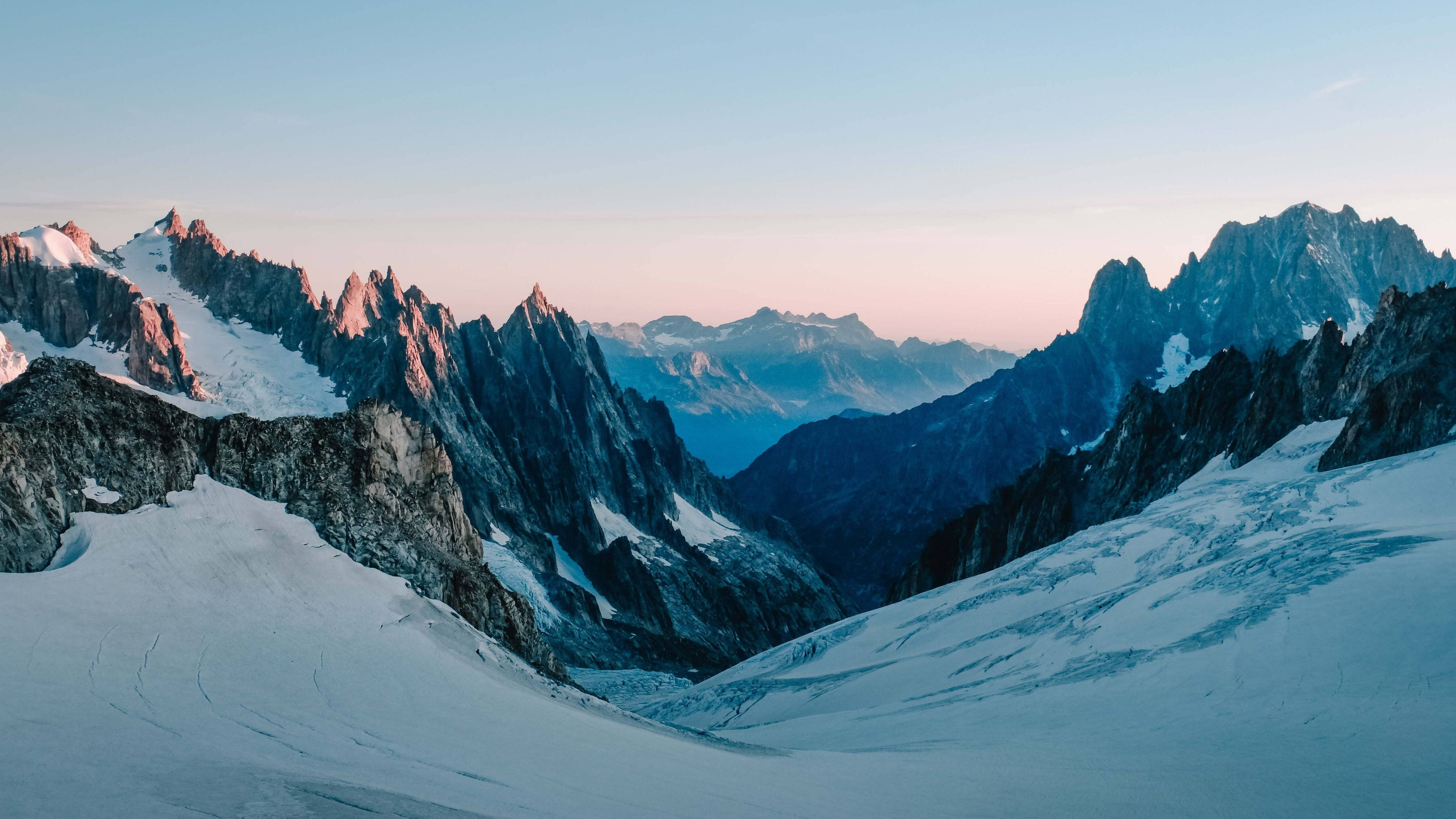 snowy rock mountains, iMac 4K, pink and gold sunrise light, 5K Desktop Wallpaper