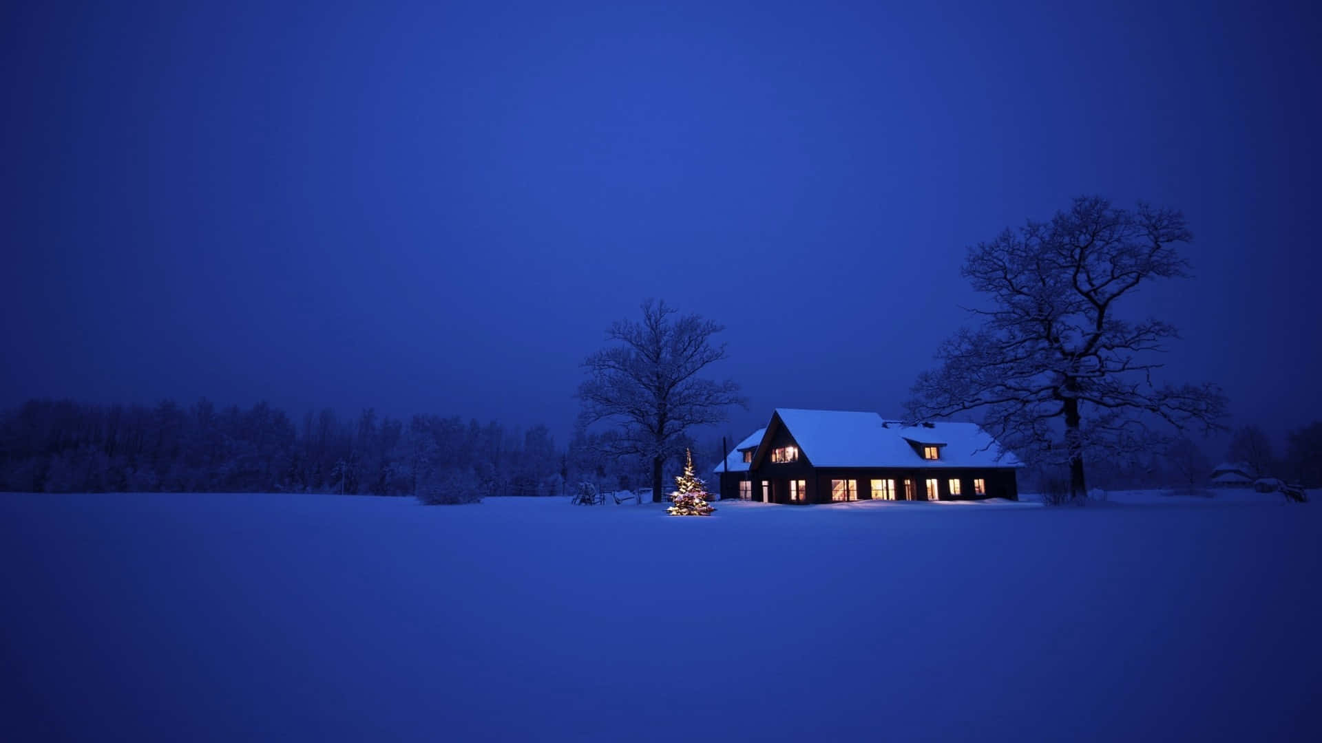 snow-covered Aspen trees, mountainous winter backdrop, cozy cabin, Full HD Desktop Wallpaper