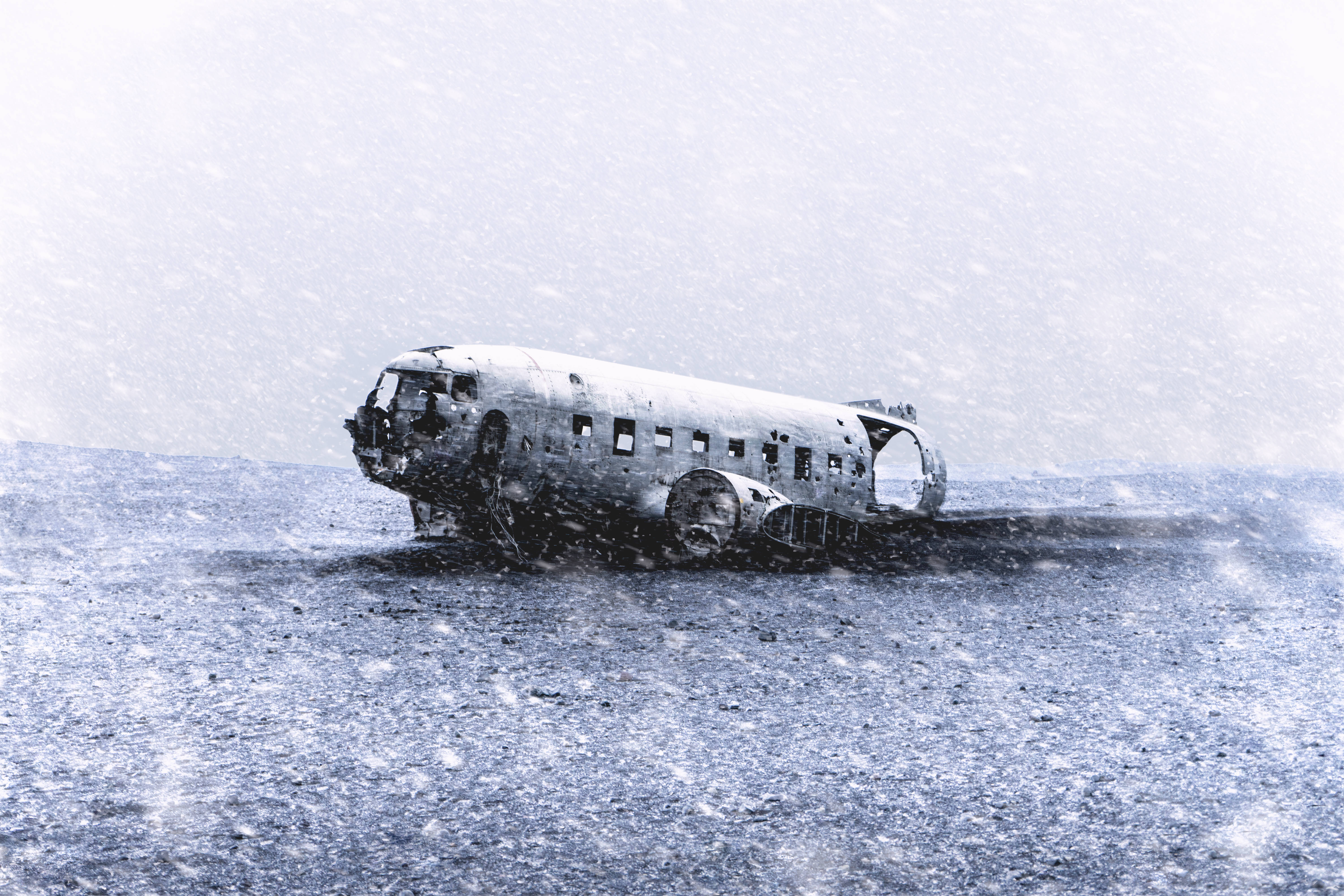 airplane fuselage, snowy field, snowflakes, 5K Desktop Wallpaper
