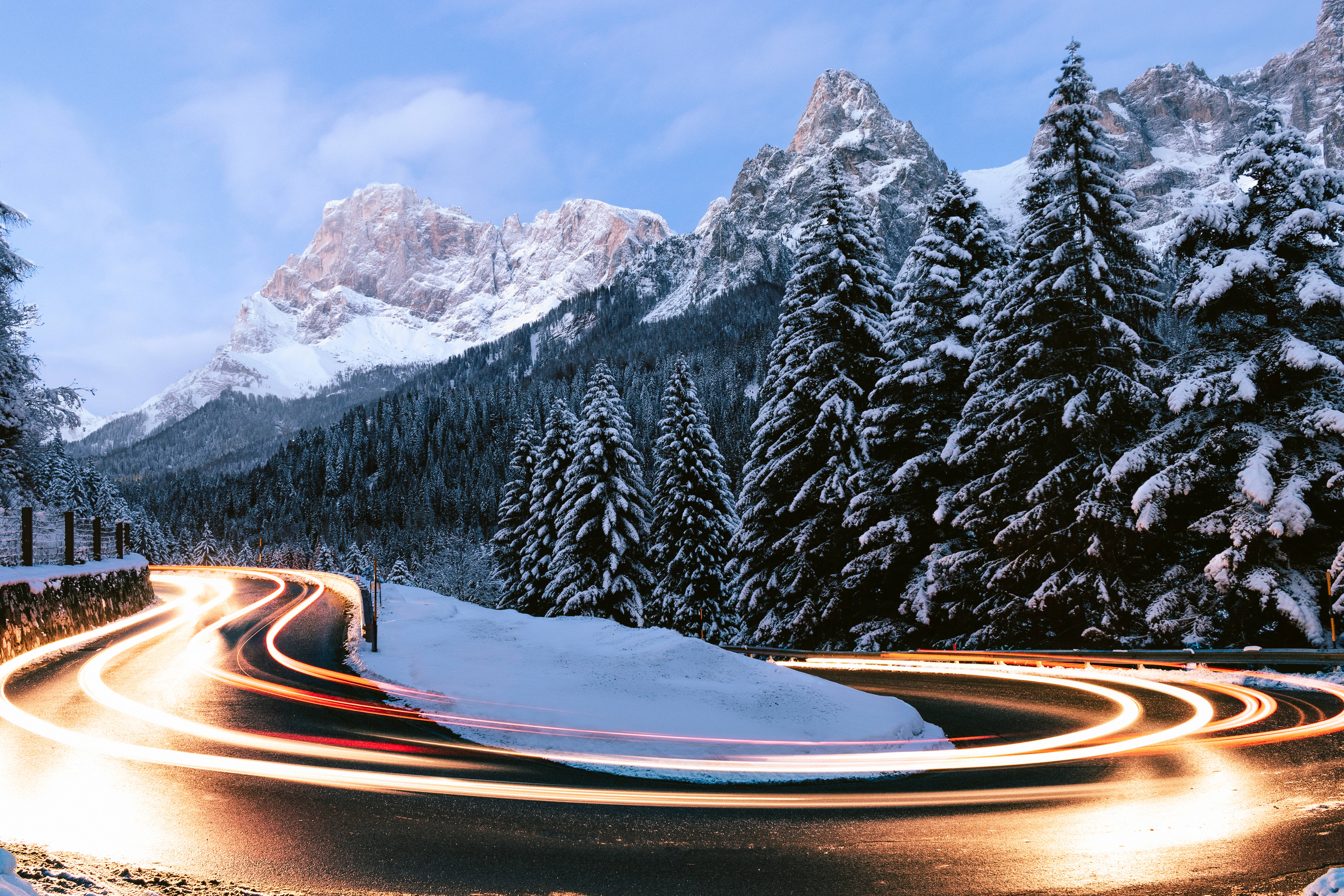 timelapse winter scenery, snowy mountain road, dusk, 5K Desktop Wallpaper