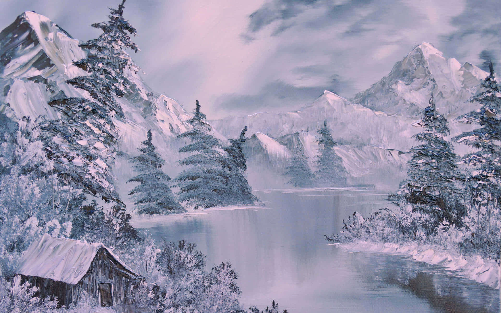 snow-covered cabin, frozen lake, towering evergreen trees, Full HD Desktop Wallpaper