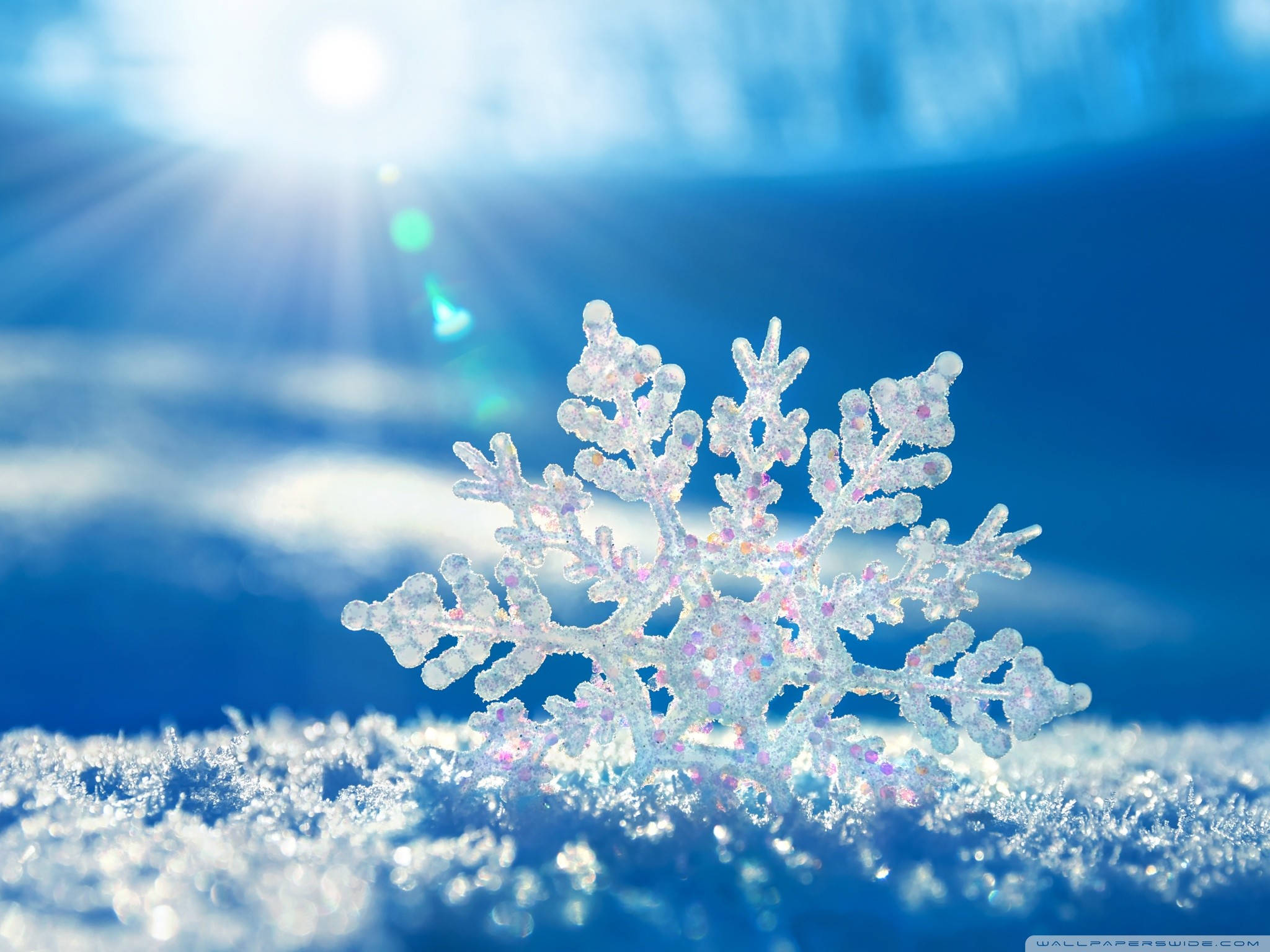 snowflake, vibrant blue sky, radiant sun rays, Full HD Desktop Wallpaper