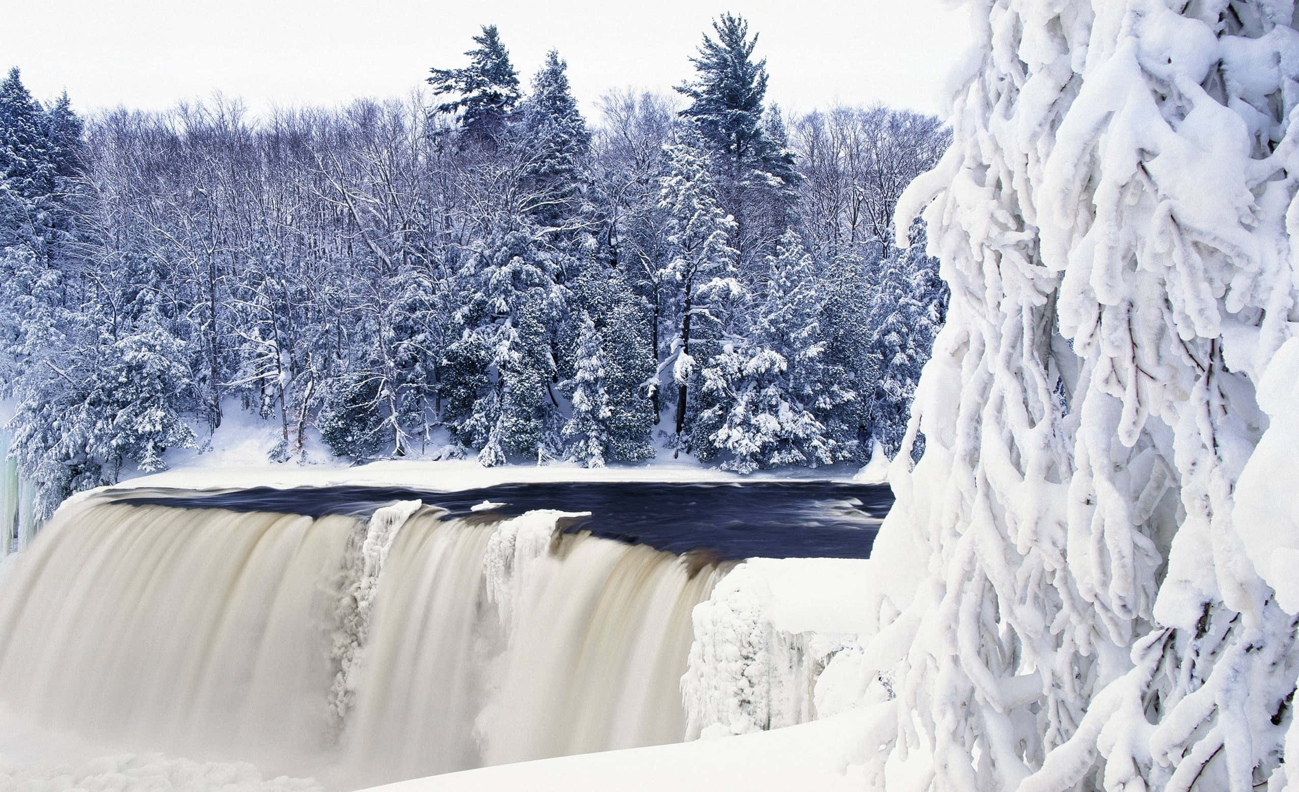 winter scenery, snowy waterfall, winter forest, Full HD Desktop Wallpaper