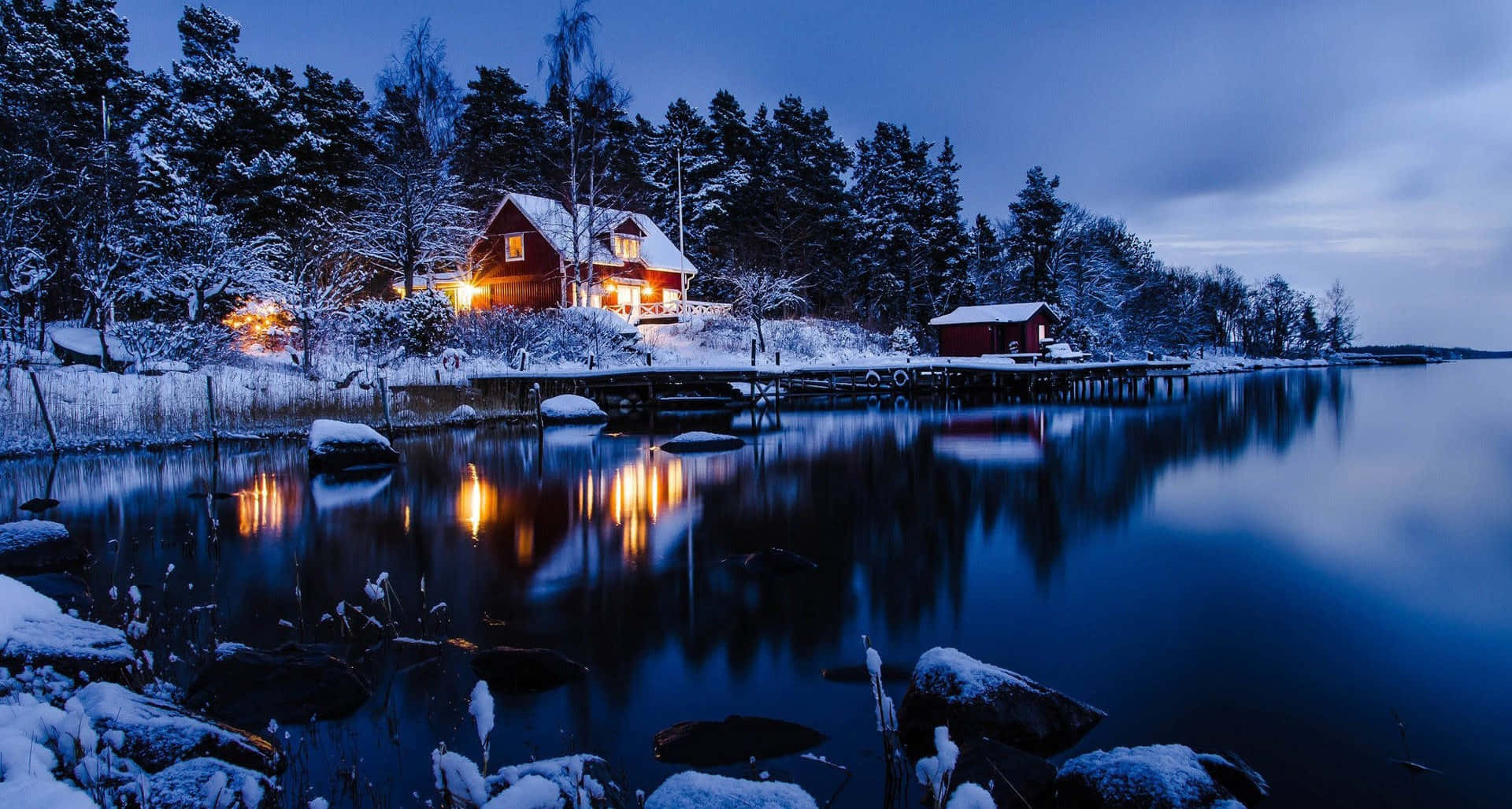 red cabin, snowy twilight shoreline, calm icy water, Full HD Desktop Wallpaper