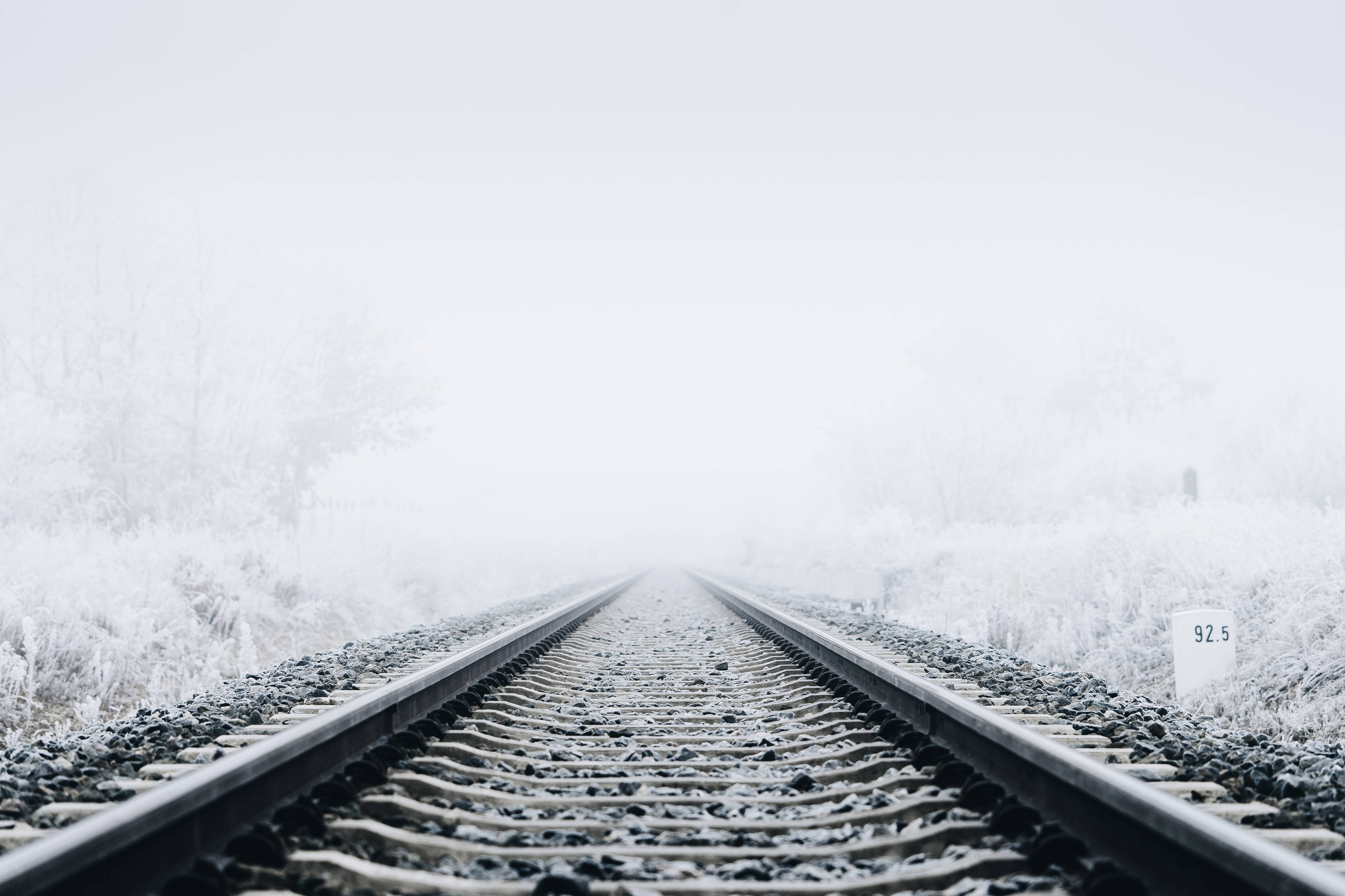 railway tracks, winter landscape, frosty trees, 5K Desktop Wallpaper