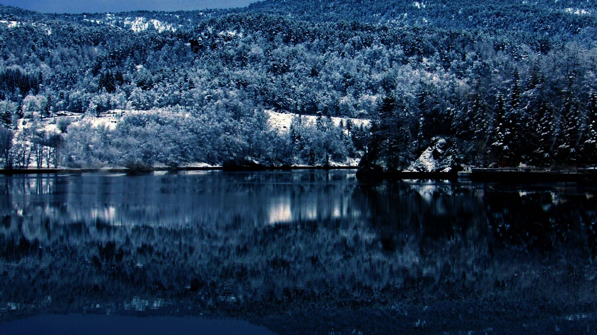 lake reflection, winter lake, snow-dusted evergreen forests, Full HD Desktop Wallpaper