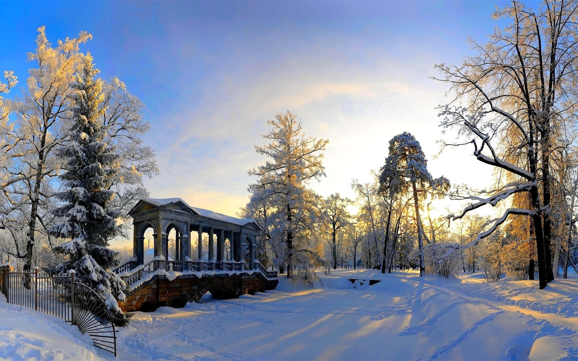 classical pavilion, golden sunrise light, frost-laden trees, Full HD Desktop Wallpaper