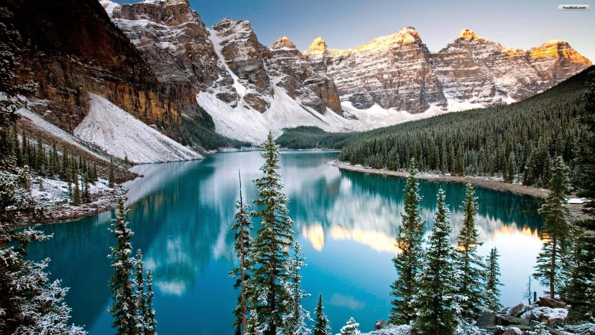 Winter Mountain Lake, Snow-Capped Peaks, Crystal Blue Water, Full HD Desktop Wallpaper