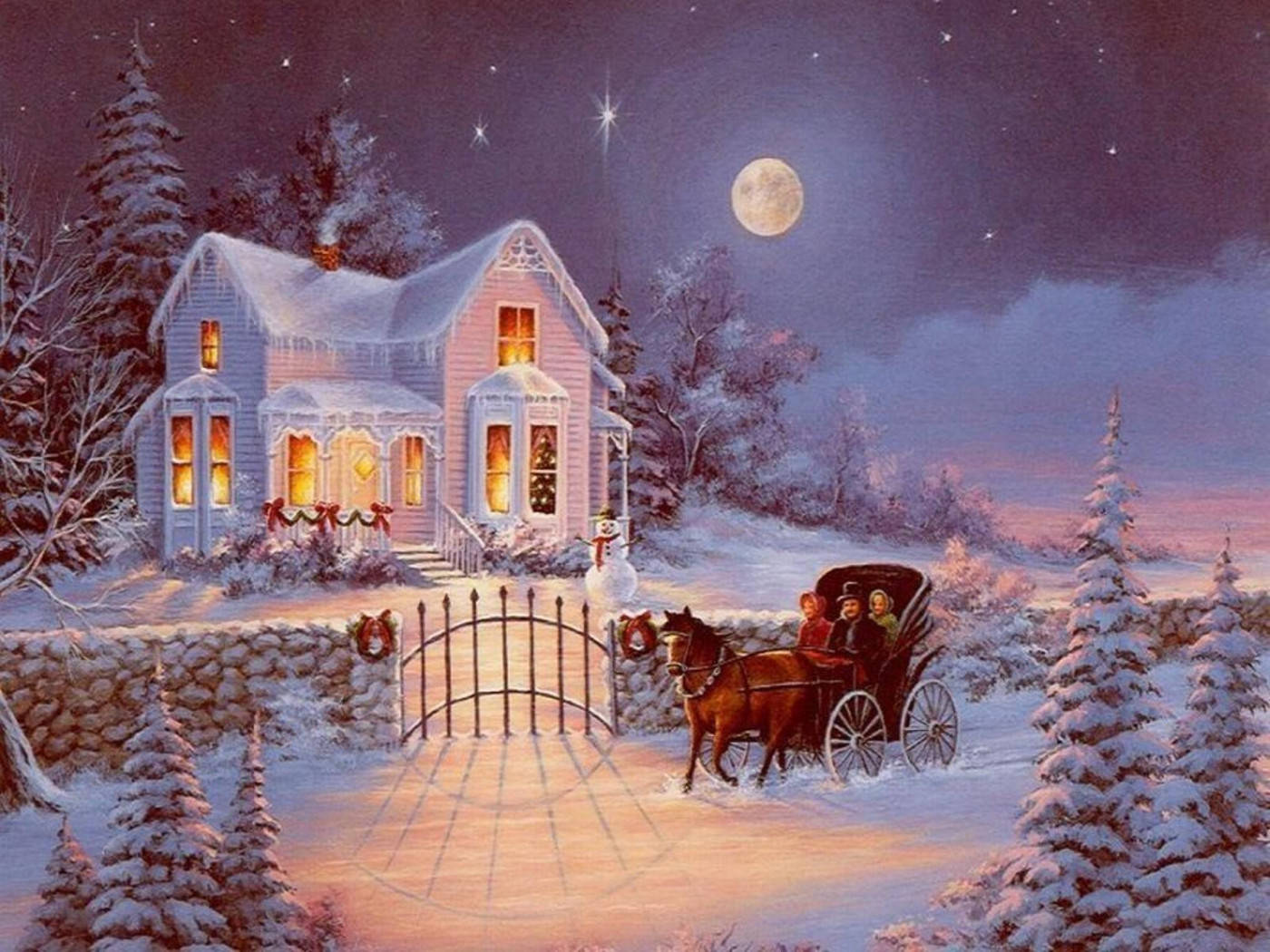 snow-covered cottage, starry night sky, horse-drawn carriage, HD Desktop Wallpaper