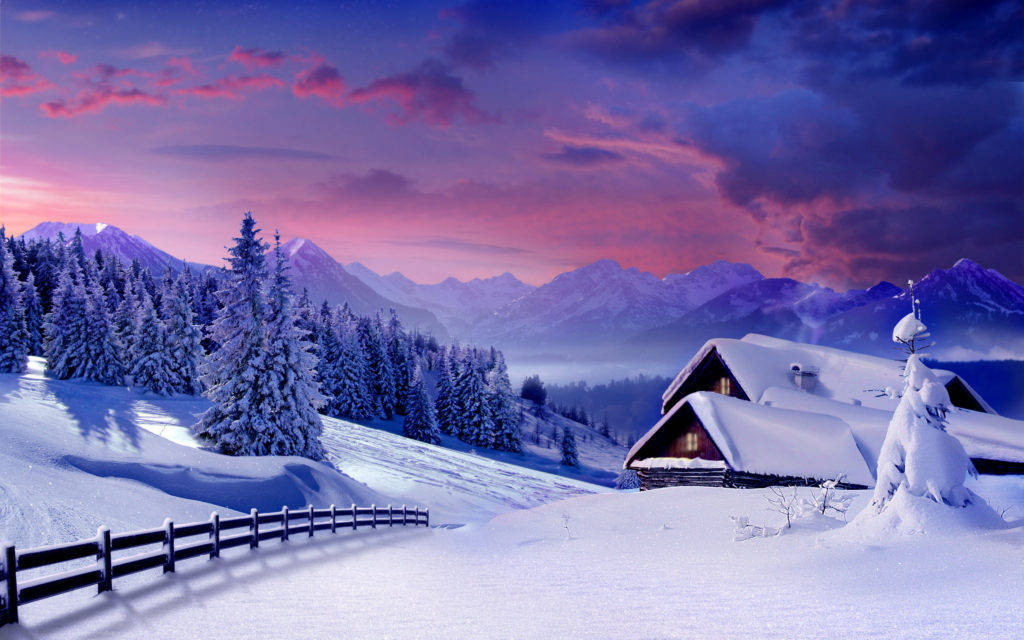 snow-covered cabin, winter forest, vibrant pink and purple twilight sky, SD Desktop Wallpaper