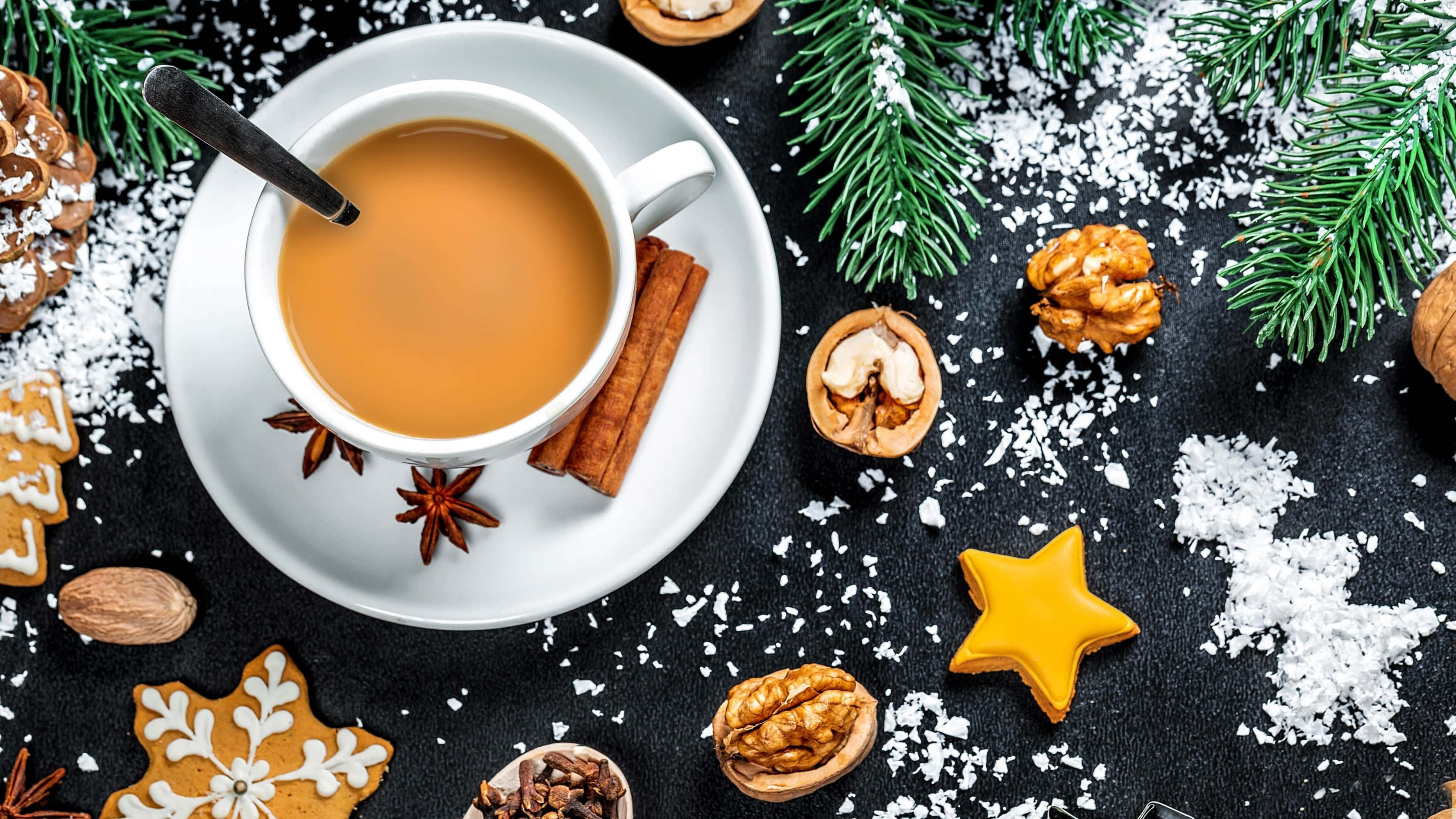Winter Desserts, spiced tea, gingerbread cookies, 2K Desktop Wallpaper