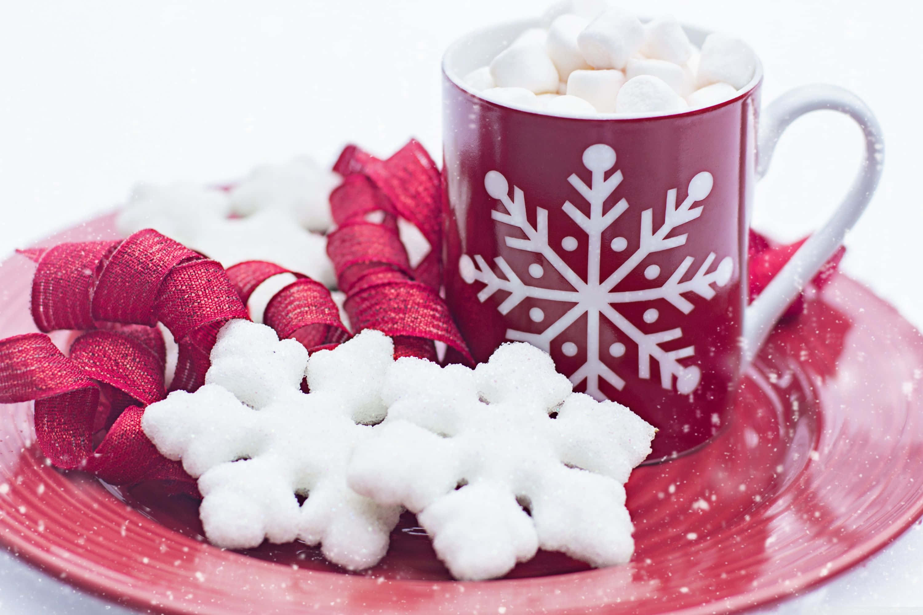 Winter Desserts, red mug, marshmallows, 2K Desktop Wallpaper