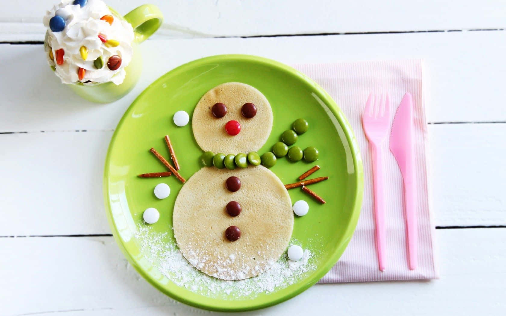 snowman pancake, green plate, candy eyes, HD Desktop Wallpaper