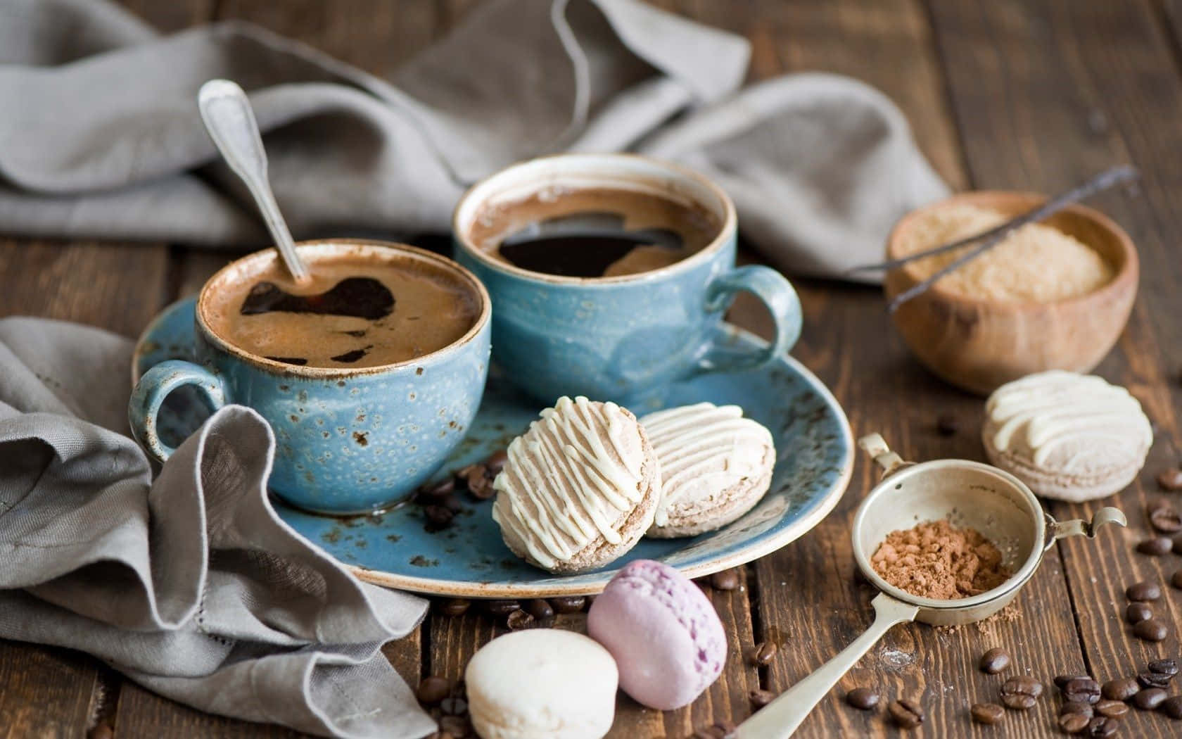 rustic blue cups, macarons, scattered beans, HD Desktop Wallpaper