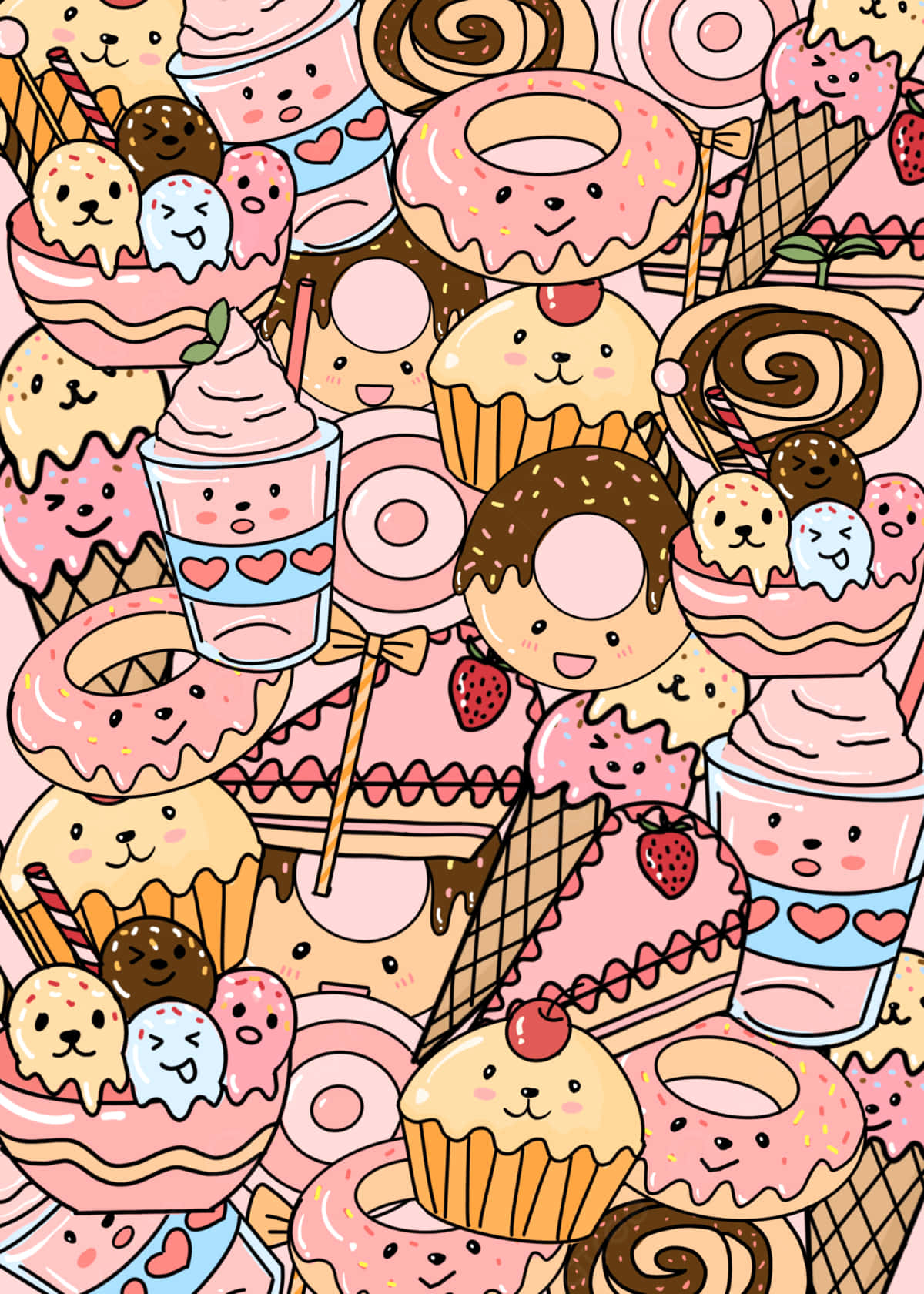 pink frosted donuts, cupcakes, ice cream sundaes, HD Phone Wallpaper