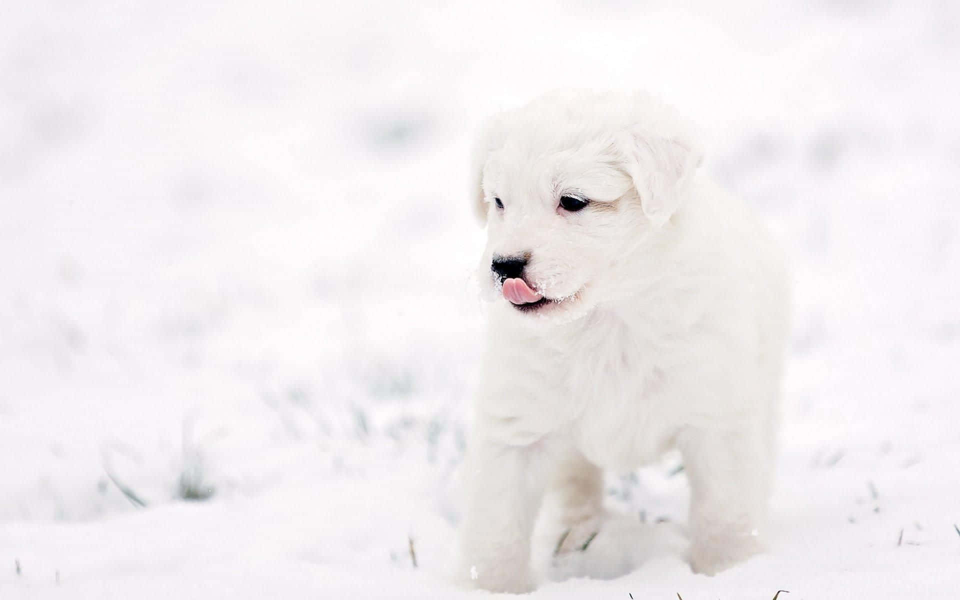 Winter Dog, fluffy white puppy, snowy field, Full HD Desktop Wallpaper