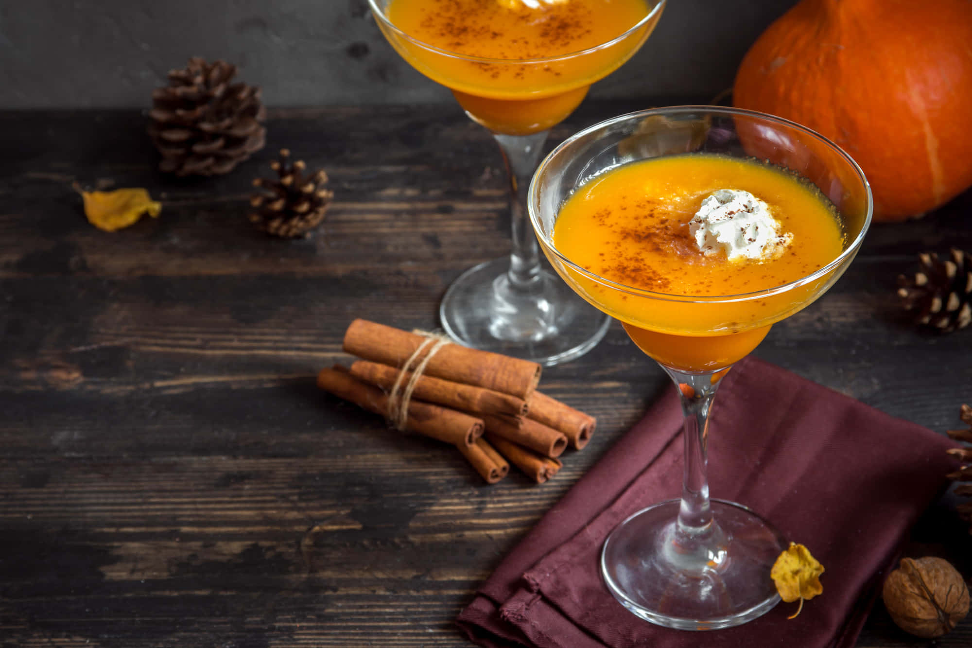 pumpkin cocktails, rustic wooden table, cinnamon sticks, Full HD Desktop Wallpaper