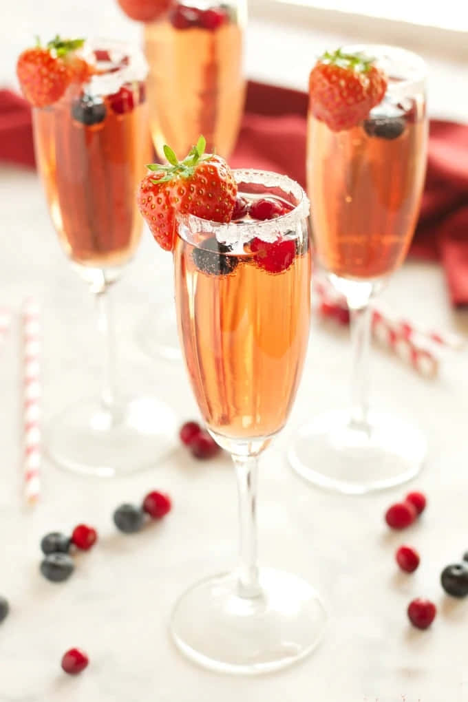 champagne flutes, pink bubbly, fresh strawberries, SD Phone Wallpaper