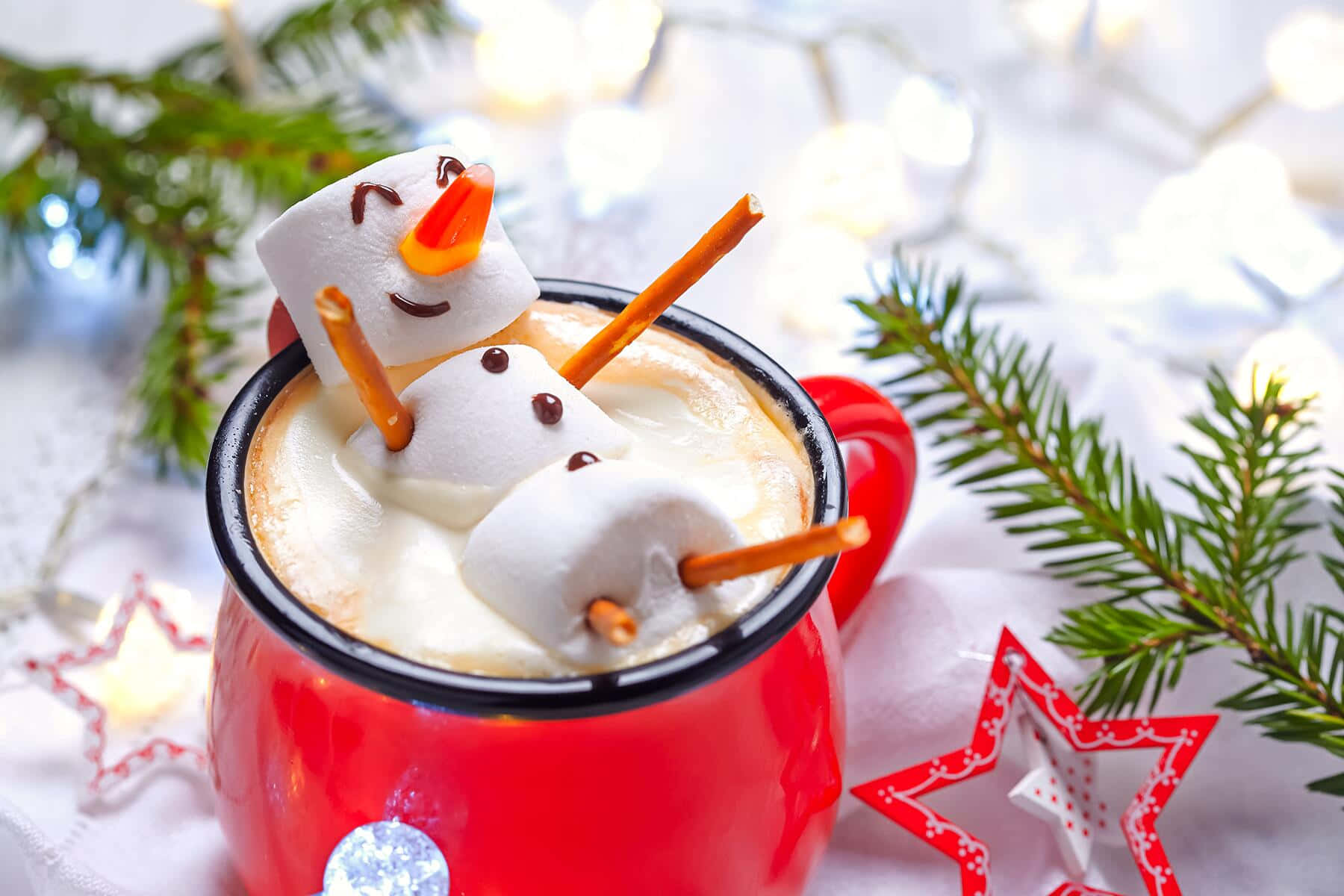 red mug, creamy hot chocolate, smiling marshmallow snowman, HD Desktop Wallpaper