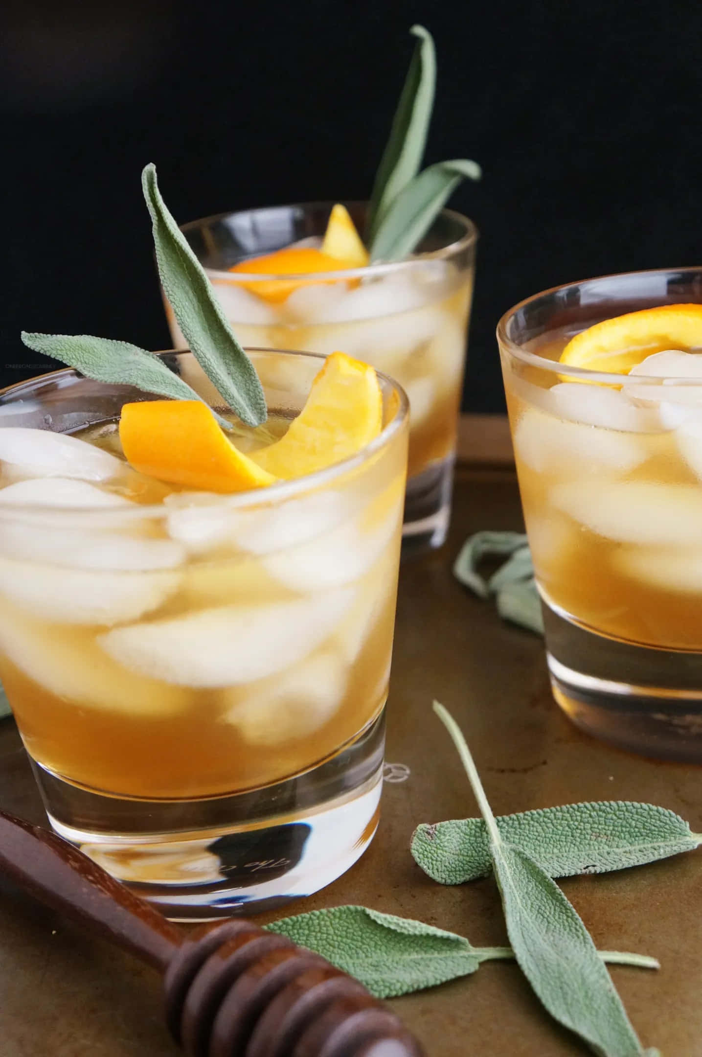 amber cocktails, ice orange slices, sage leaves, Full HD Phone Wallpaper